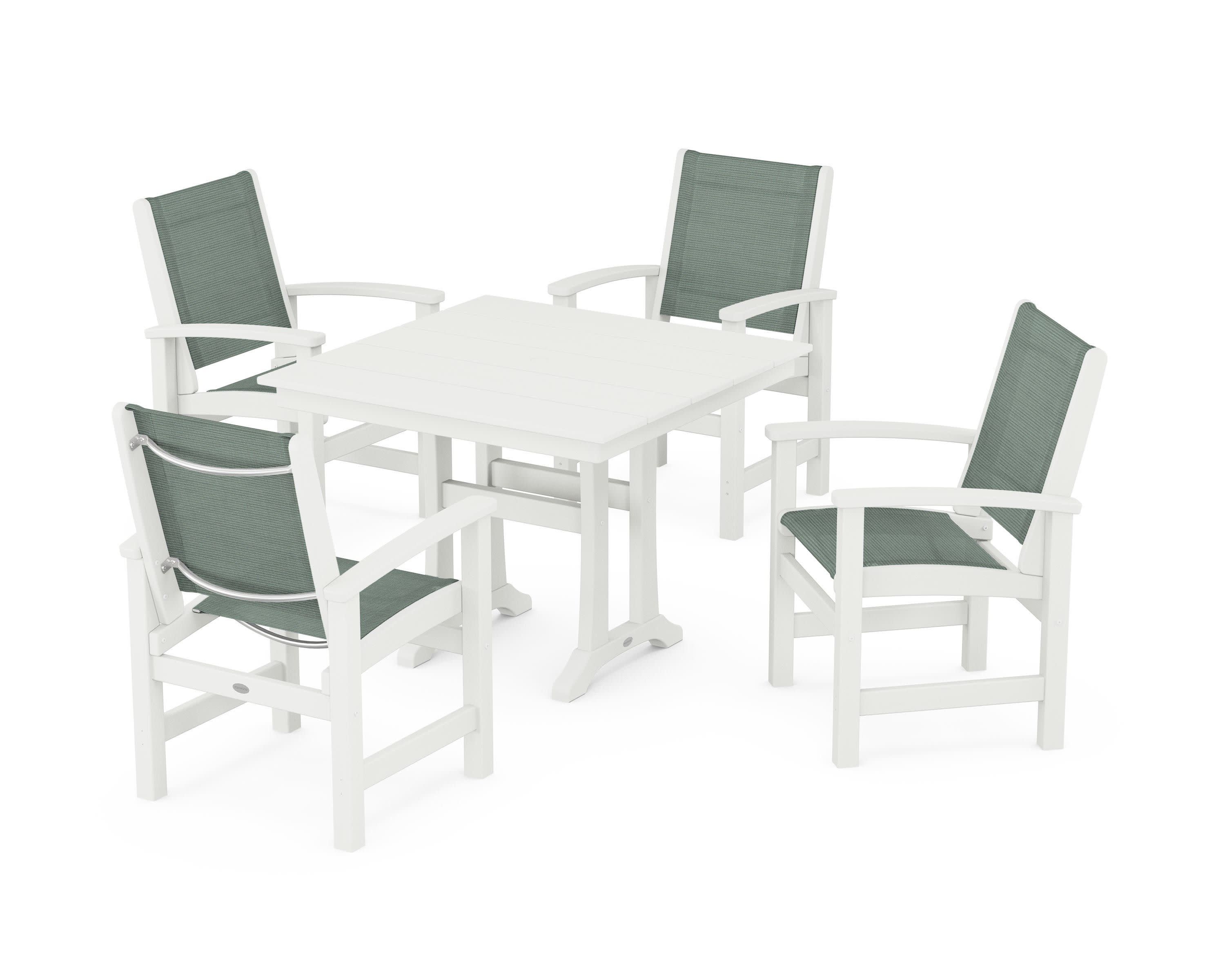 Coastal 5-Piece Farmhouse Dining Set With Trestle Legs in Vintage White / Dupioni Sea Mist Sling