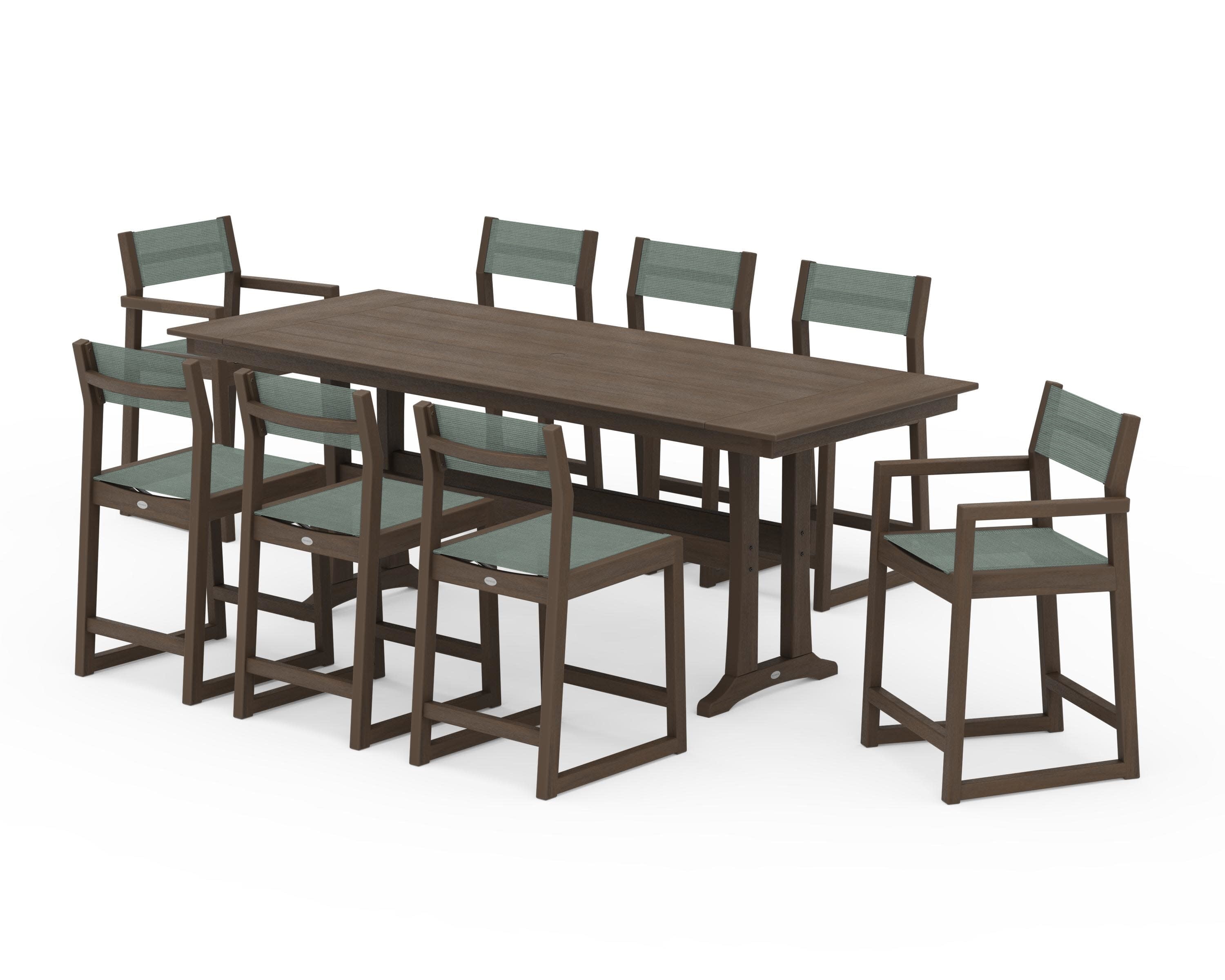 EDGE Sling 9-Piece Farmhouse Counter Set with Trestle Legs in Kona / Dupioni Sea Mist Sling