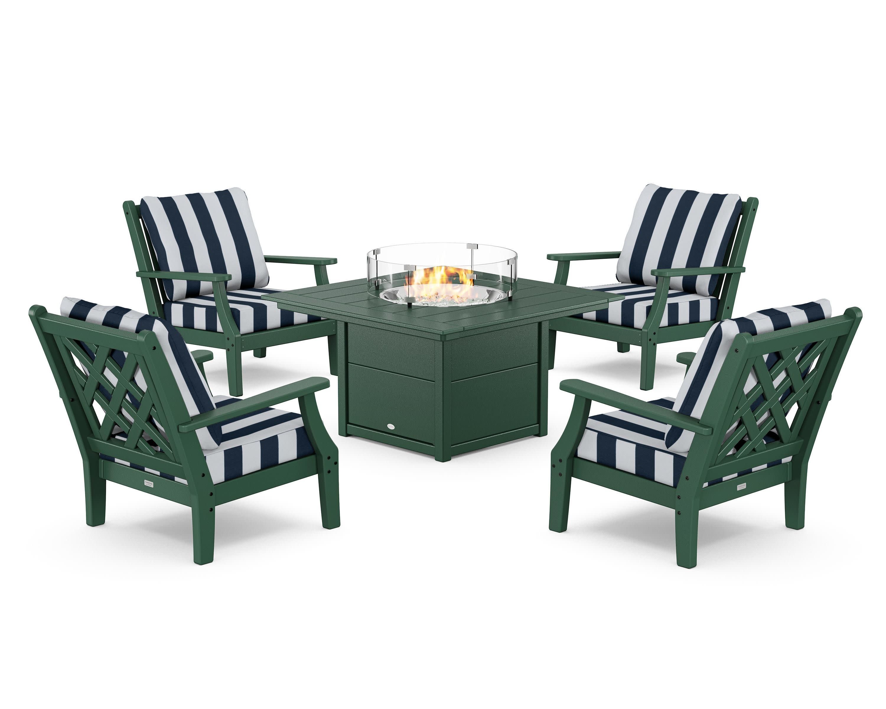 Wovendale 5-Piece Deep Seating Set with Fire Pit Table in Green / Cabana Stripe Marine Indigo