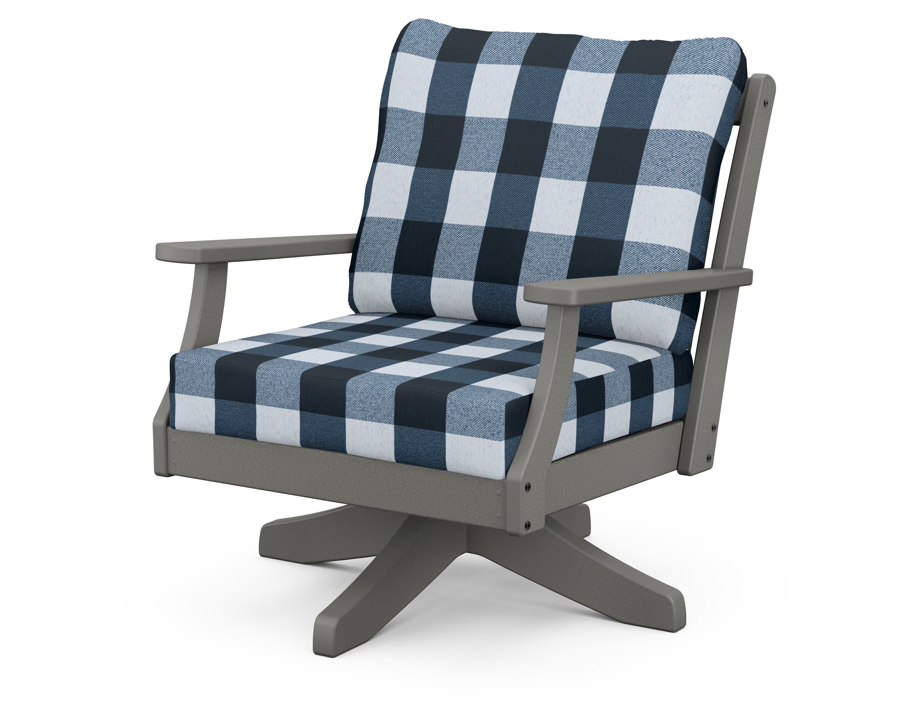 Braxton Deep Seating Swivel Chair in Slate Grey / Buffalo Plaid Marine Indigo