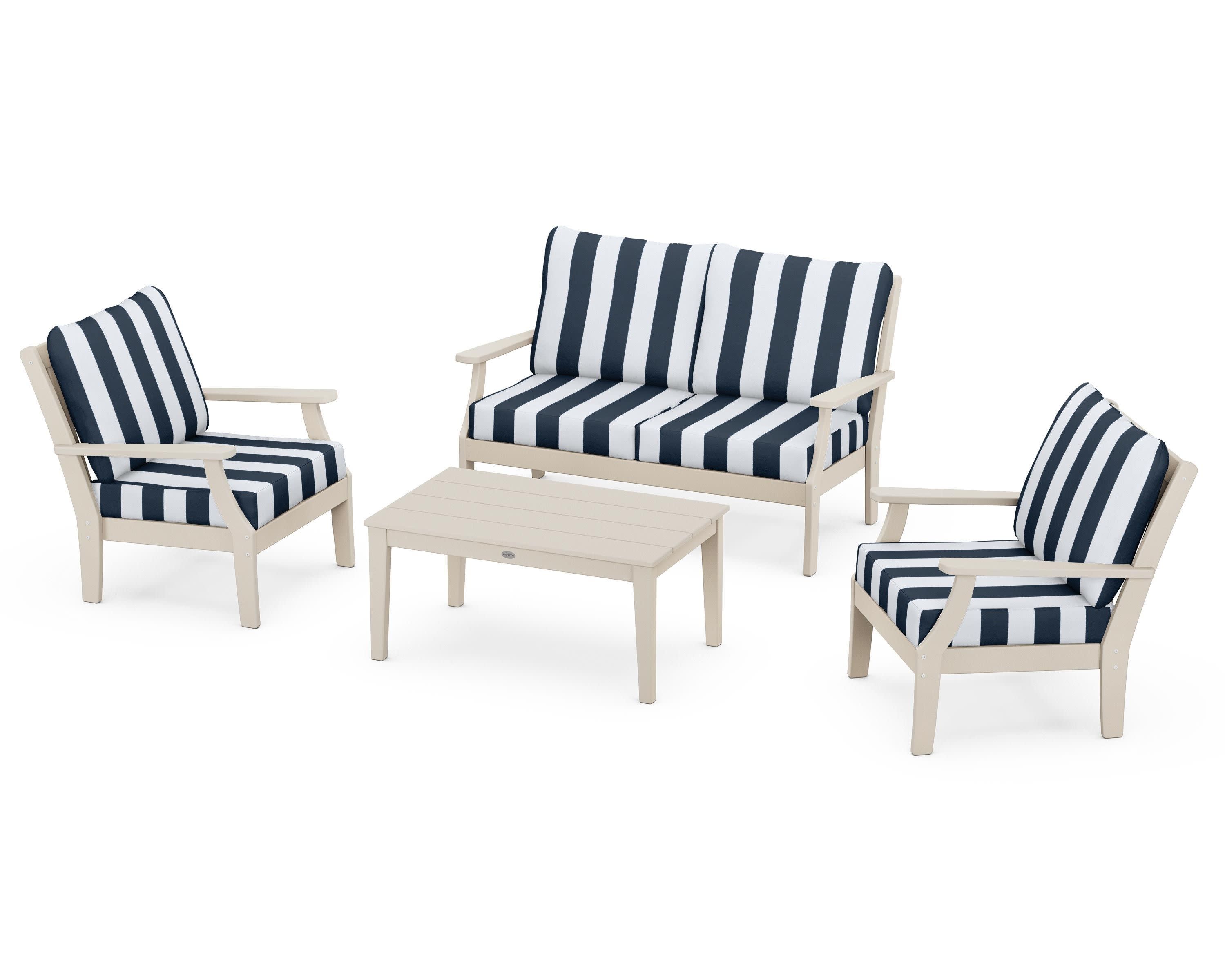 Braxton 4-Piece Deep Seating Chair Set in Sand / Cabana Stripe Marine Indigo