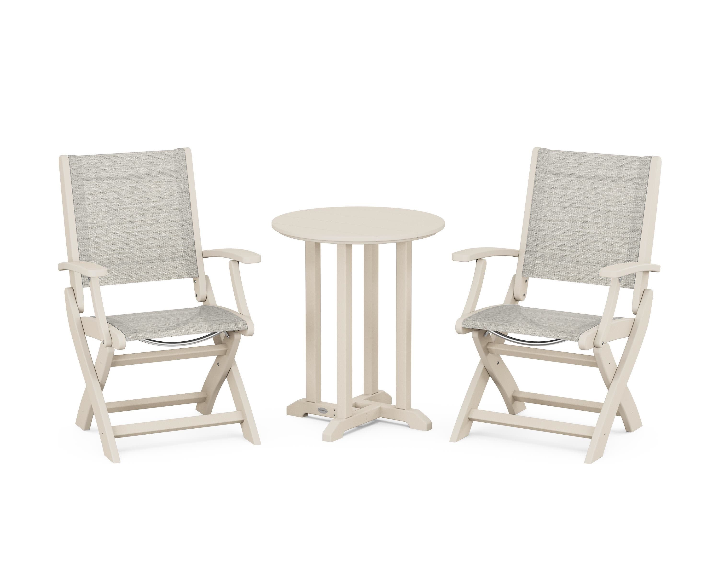 Coastal Folding 3-Piece Round Bistro Dining Set in Sand / Birch Sling