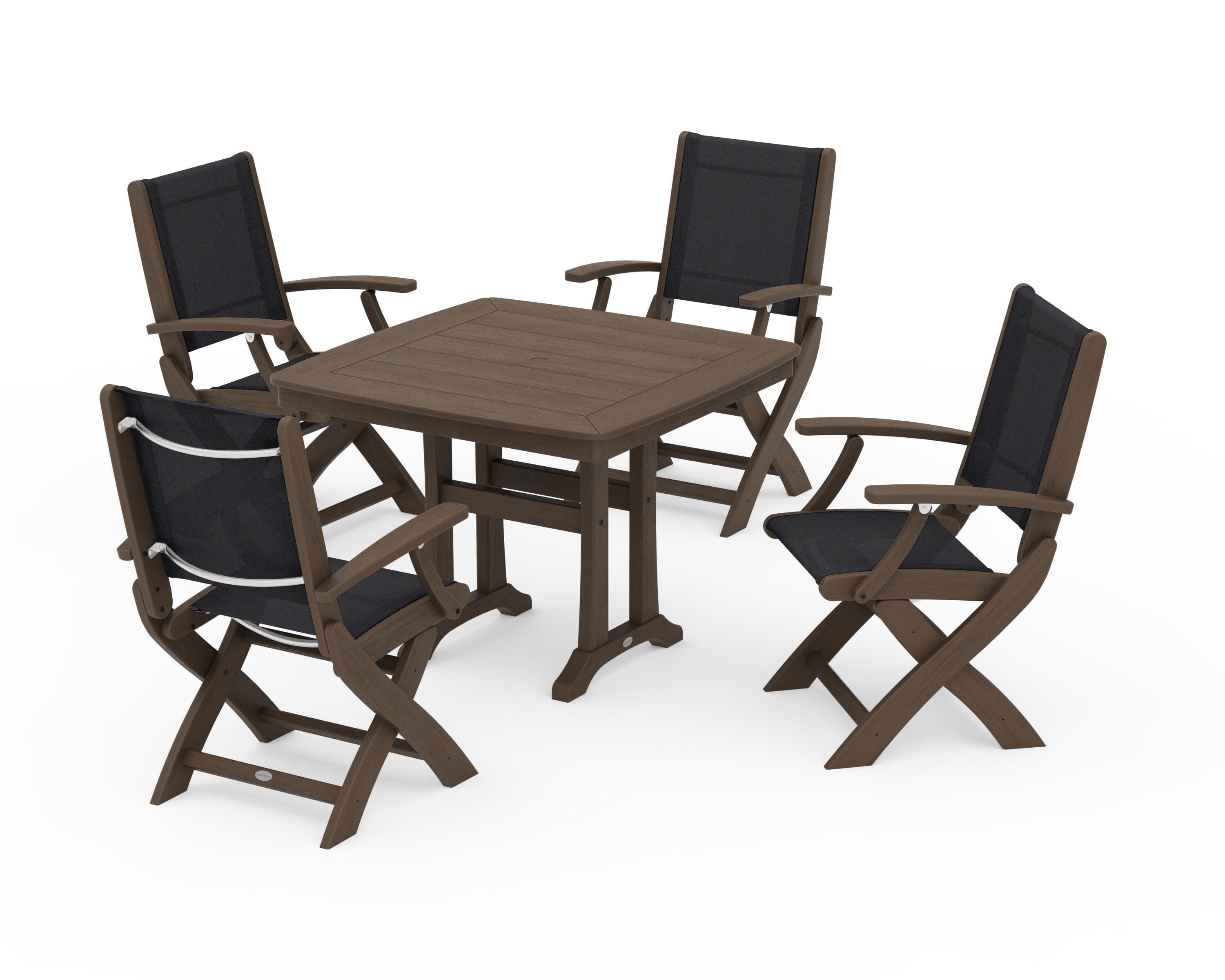 Coastal Folding Chair 5-Piece Dining Set with Trestle Legs in Kona / Black Sling