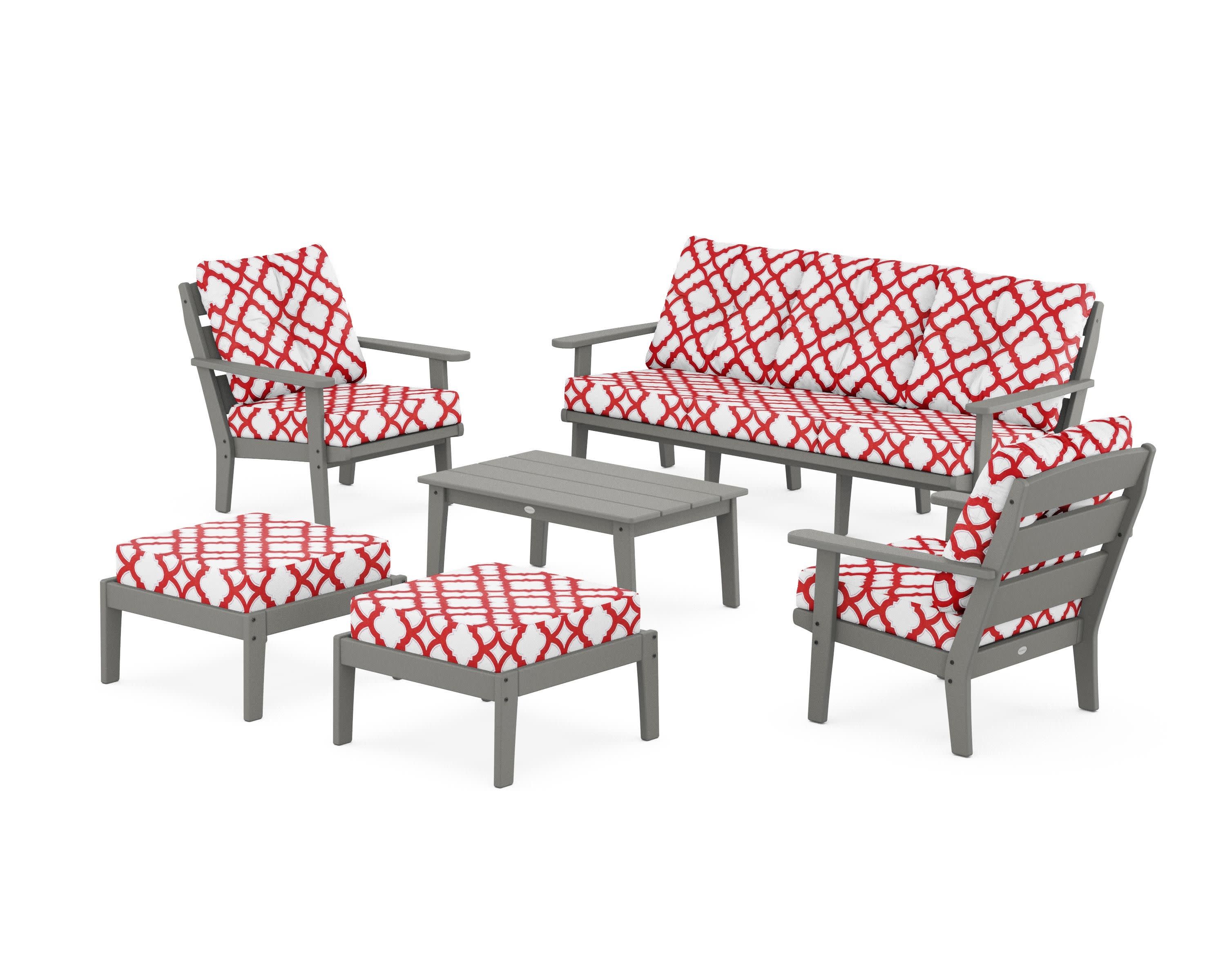 Lakeside 6-Piece Lounge Sofa Set in Slate Grey / Trellis Crimson