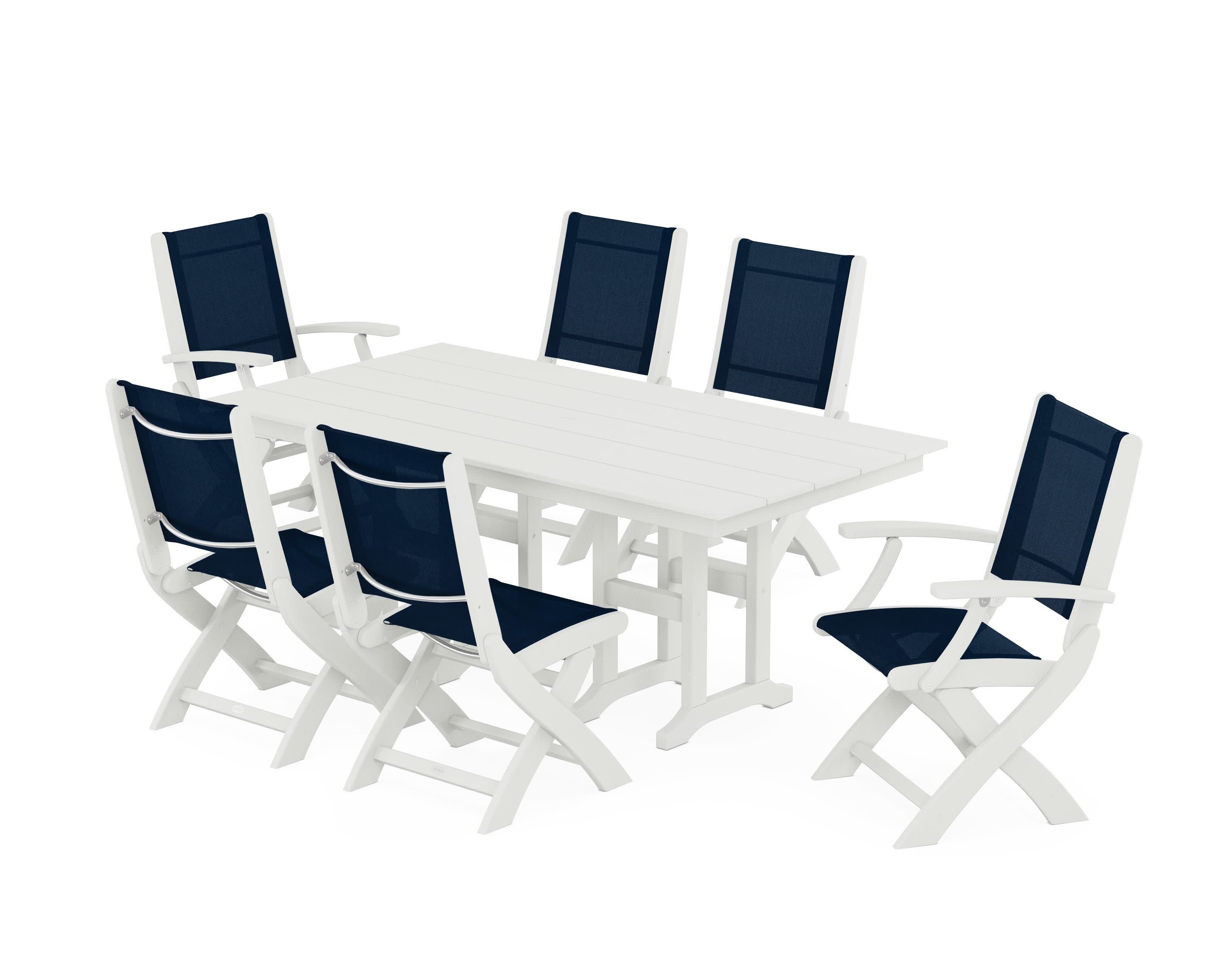 Coastal Folding Chair 7-Piece Farmhouse Dining Set in Vintage White / Navy Blue Sling