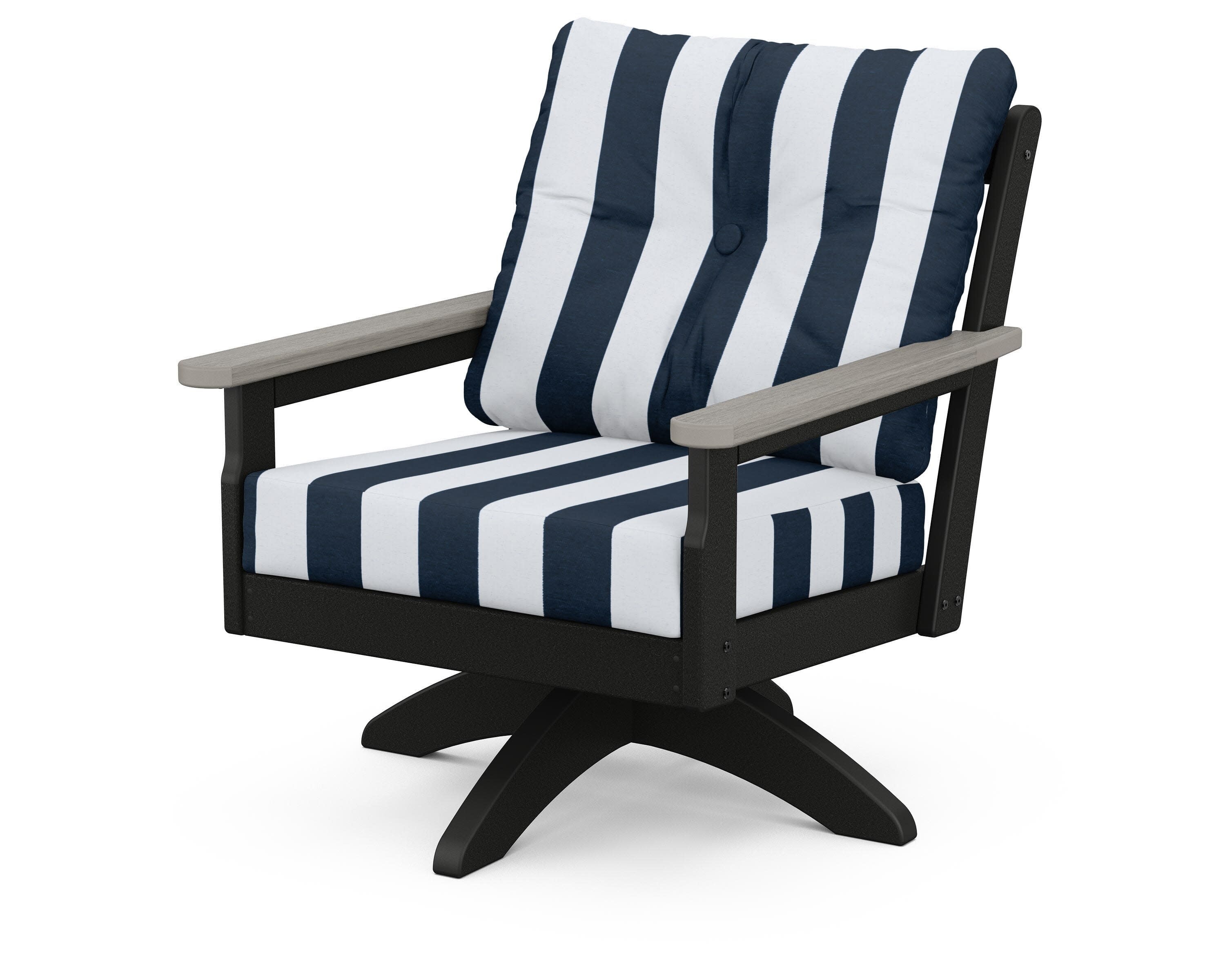 Vineyard Deep Seating Swivel Chair in Black / Driftwood / Cabana Stripe Marine Indigo