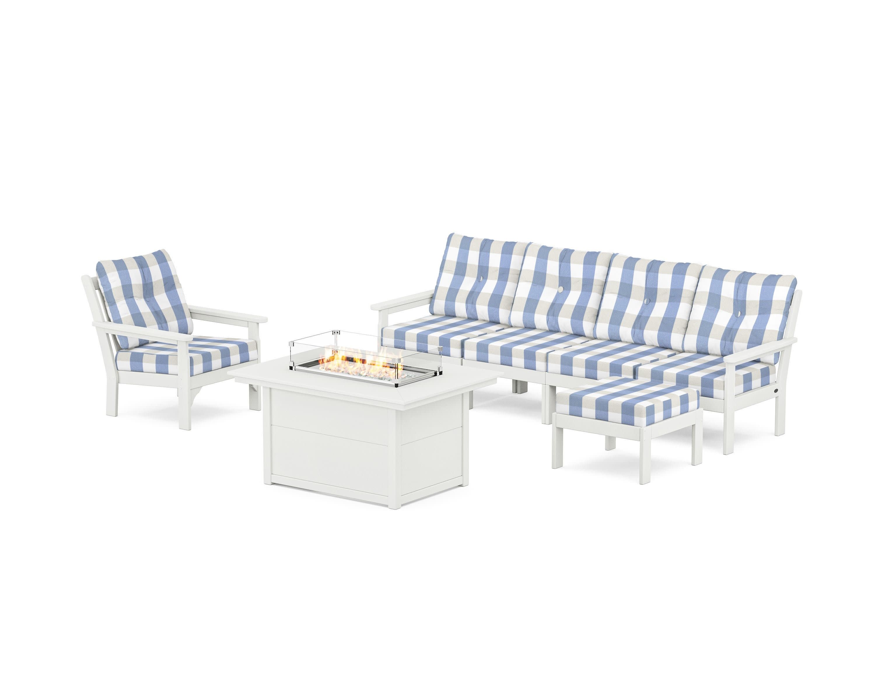 Vineyard Sectional Lounge and Fire Pit Set in Vintage White / Buffalo Plaid Sky Blue