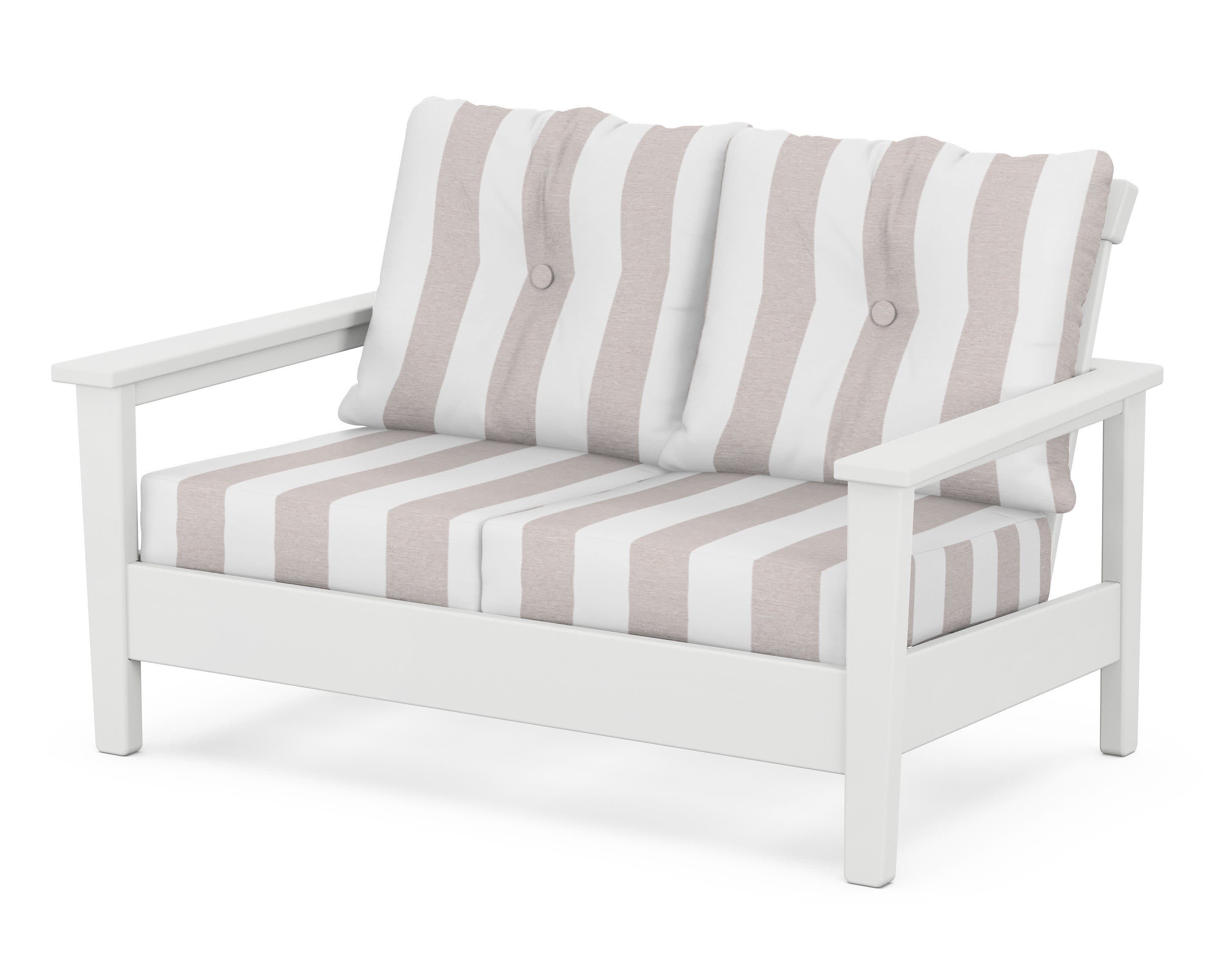 Prescott Deep Seating Loveseat in White / Cabana Stripe Dune Burlap