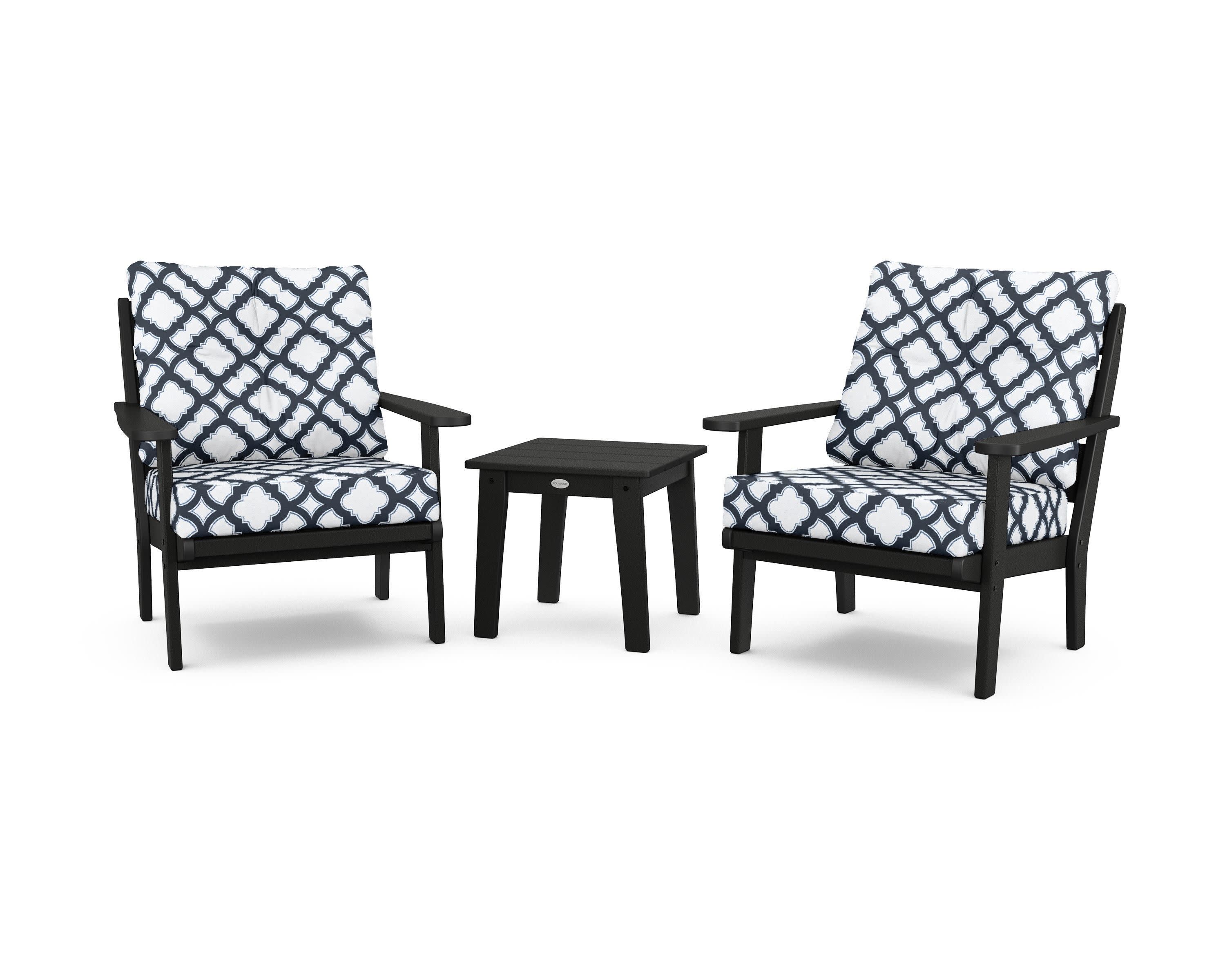Lakeside 3-Piece Deep Seating Chair Set in Black / Trellis Marine Indigo