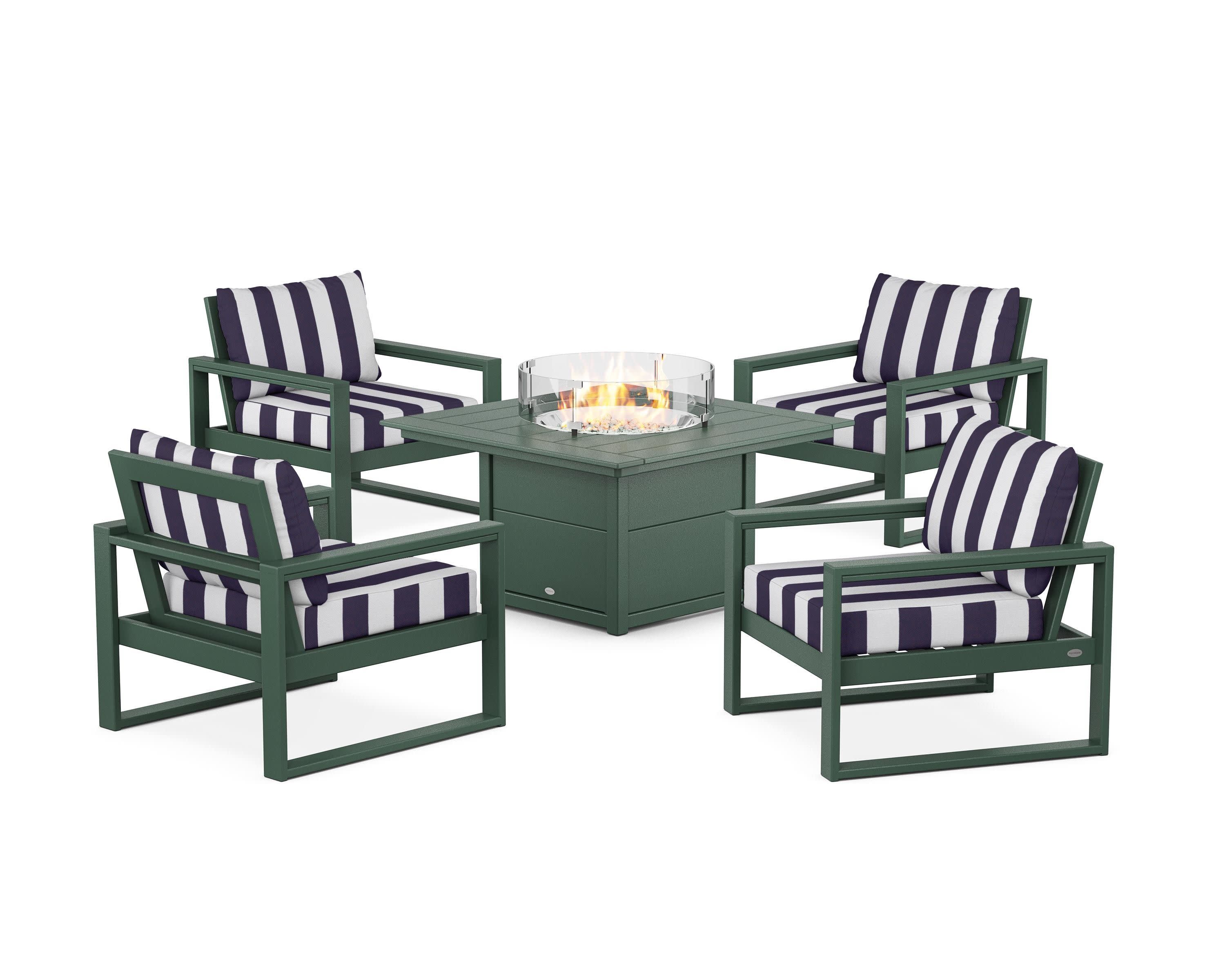 EDGE Sectional 5-Piece Deep Seating Set with Fire Pit Table in Green / Cabana Stripe Navy