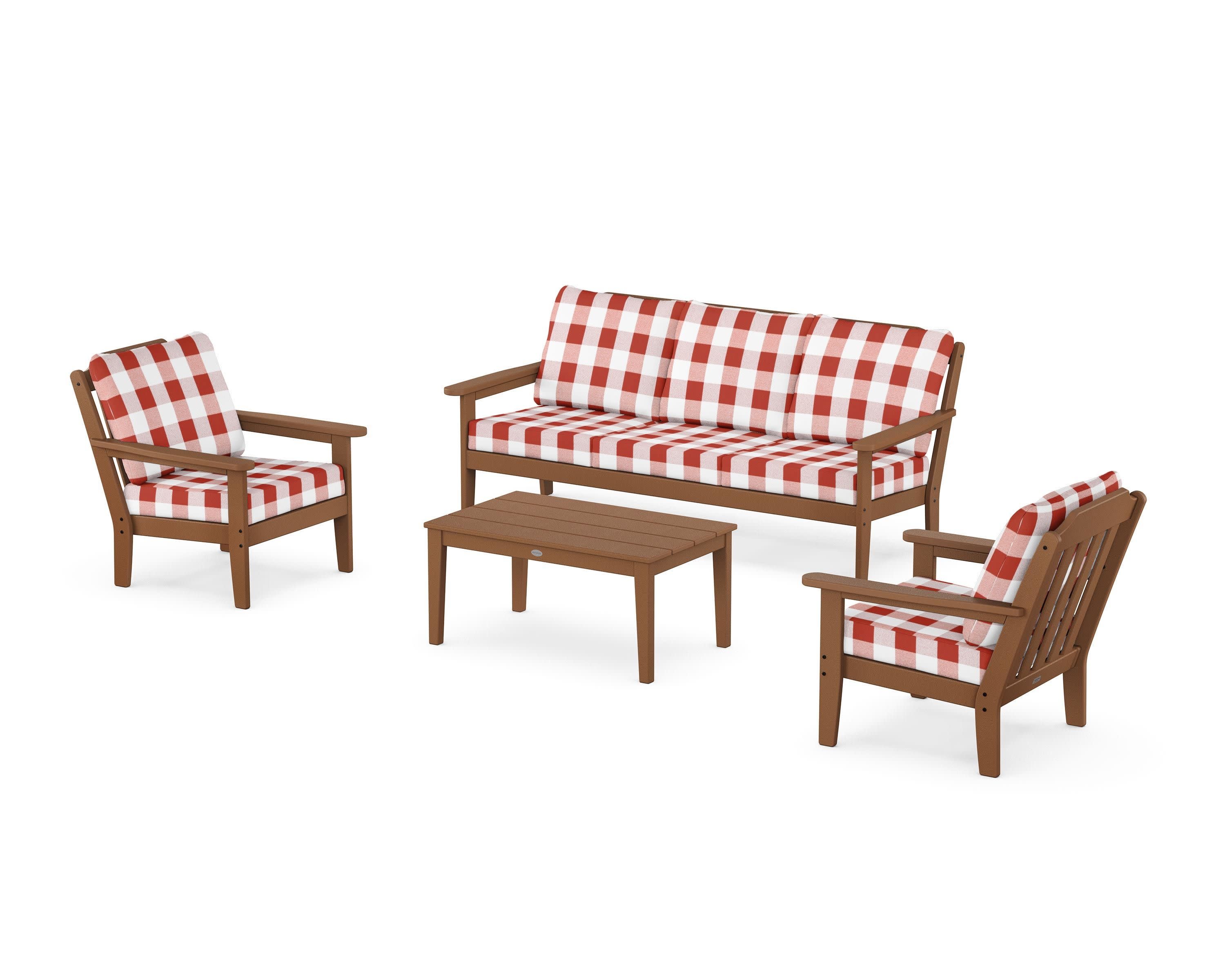 Cottage 4-Piece Deep Seating Set with Sofa in Teak / Buffalo Plaid Crimson