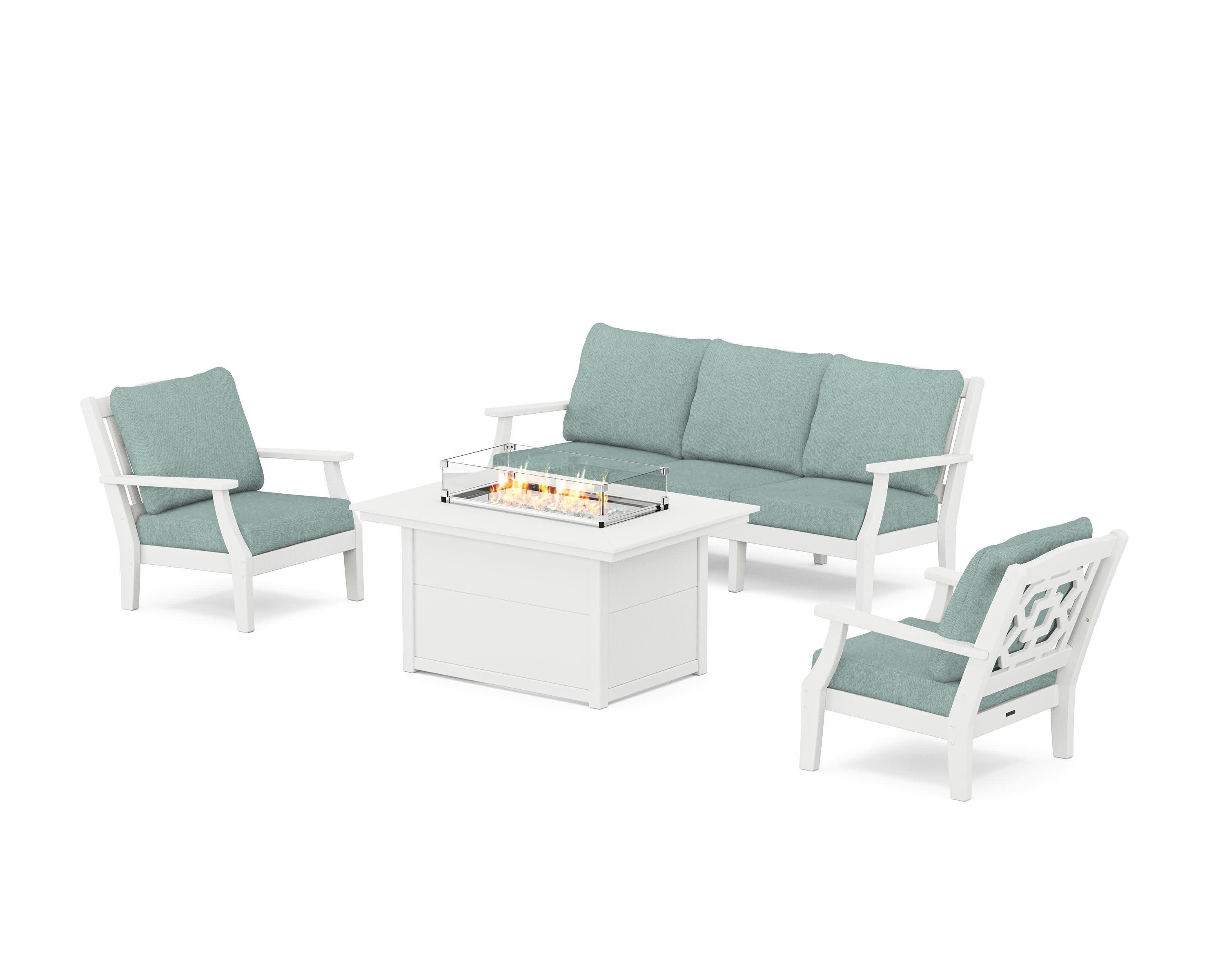 Chinoiserie Deep Seating Fire Pit Table Set in White / Glacier Spa