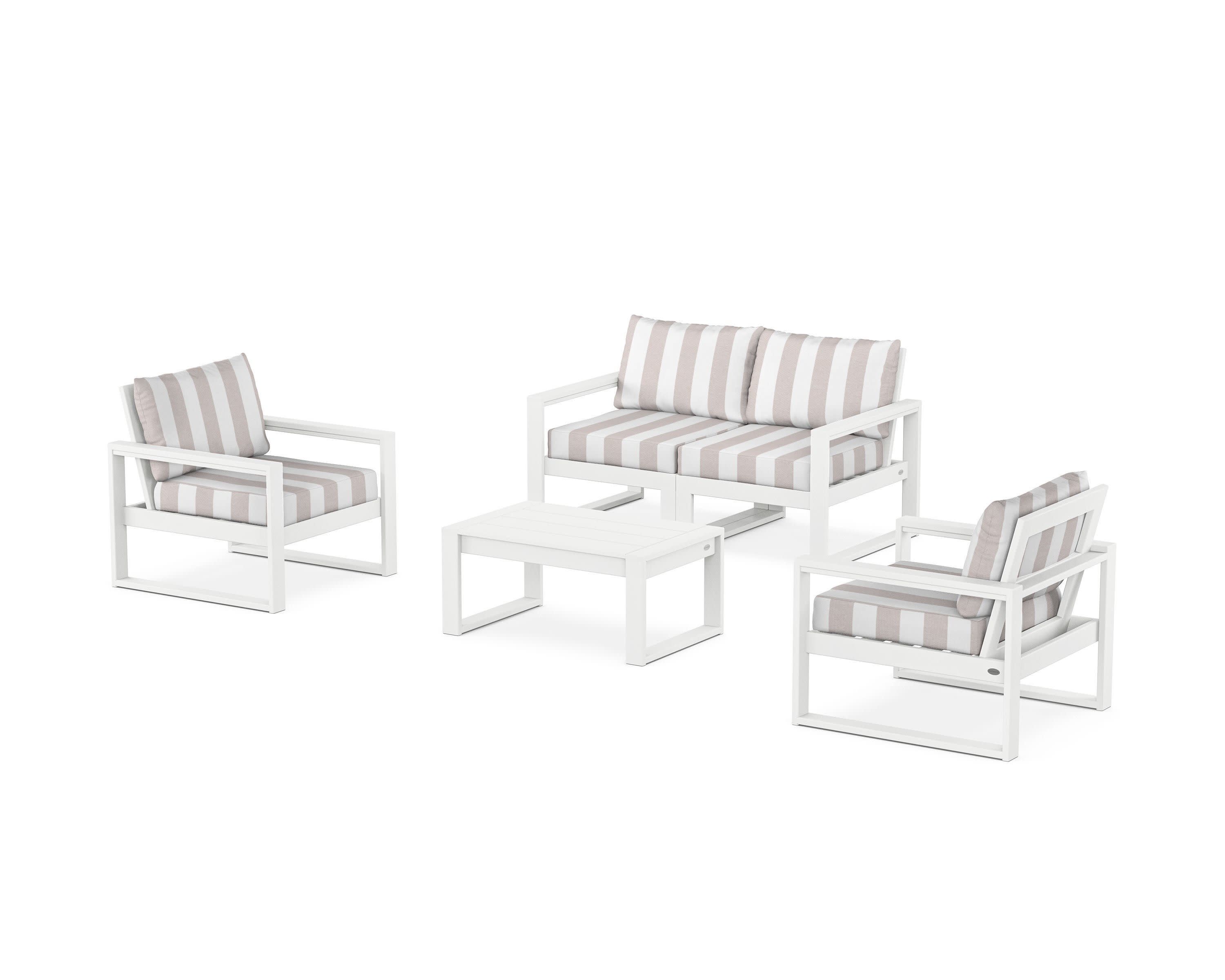 EDGE Sectional 4-Piece Deep Seating Set with Loveseat in White / Cabana Stripe Dune Burlap