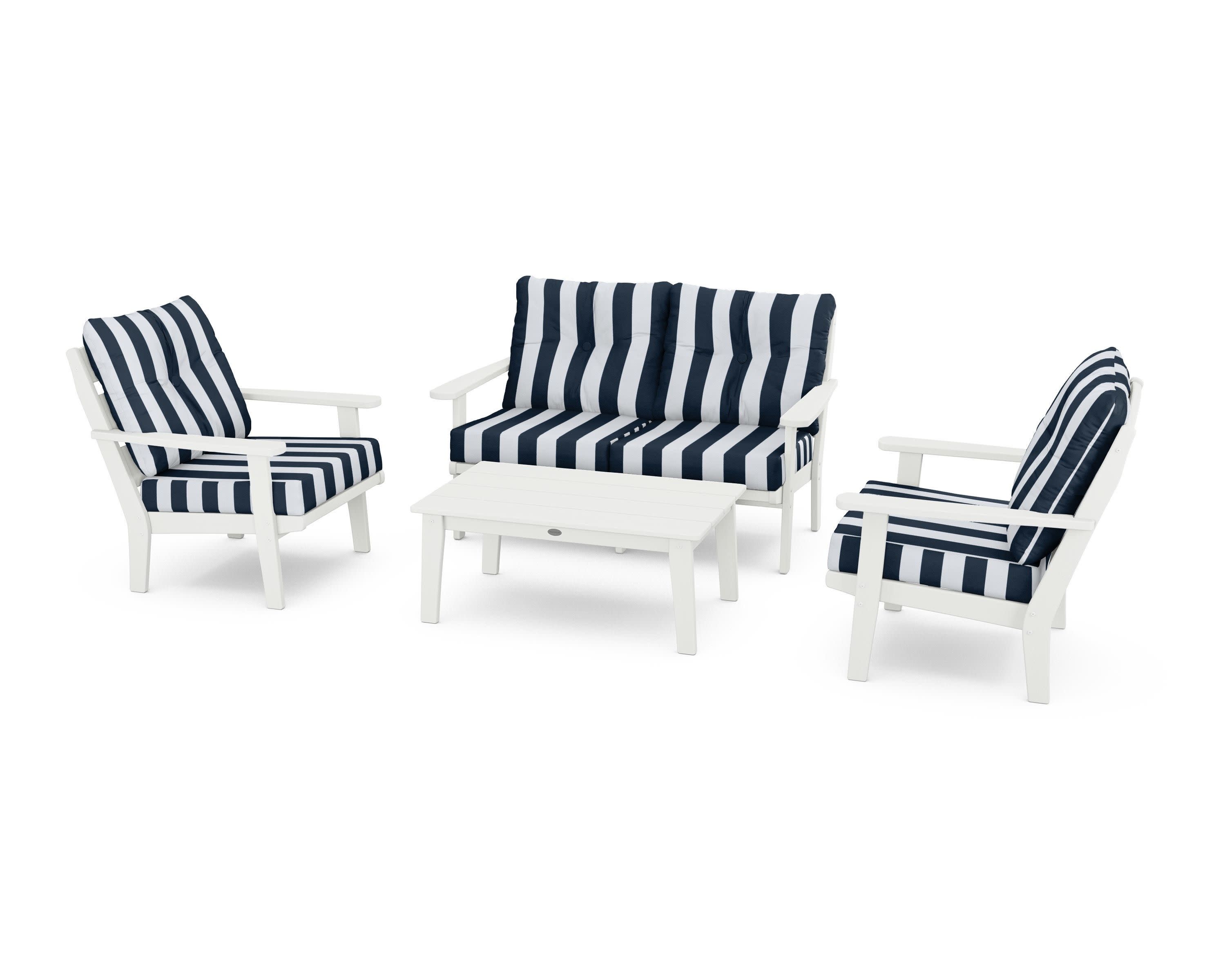 Lakeside 4-Piece Deep Seating Set in Vintage White / Cabana Stripe Marine Indigo