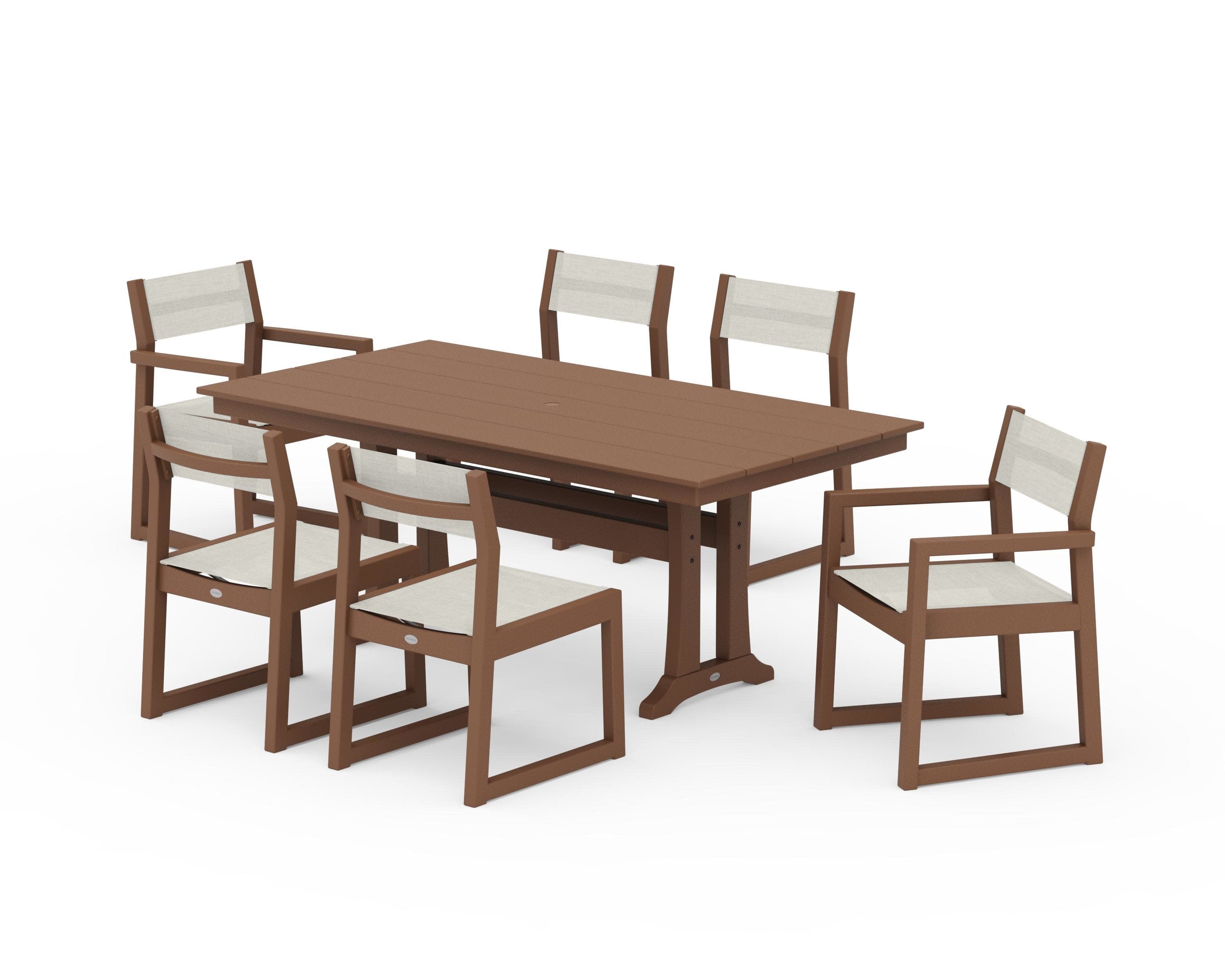 EDGE Sling 7-Piece Farmhouse Trestle Dining Set in Teak / Parchment Sling