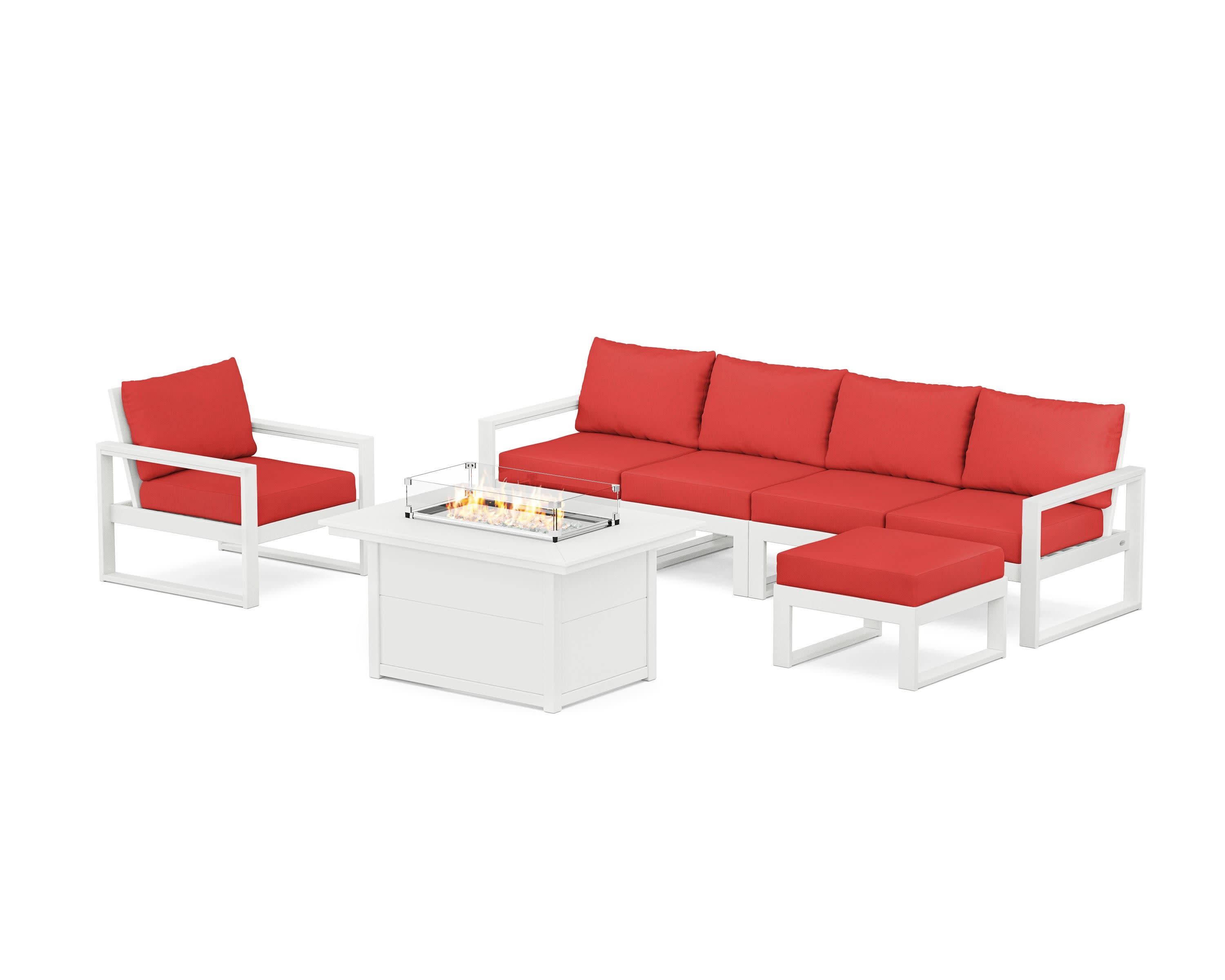 EDGE Sectional Lounge and Fire Pit Set in White / Crimson Linen