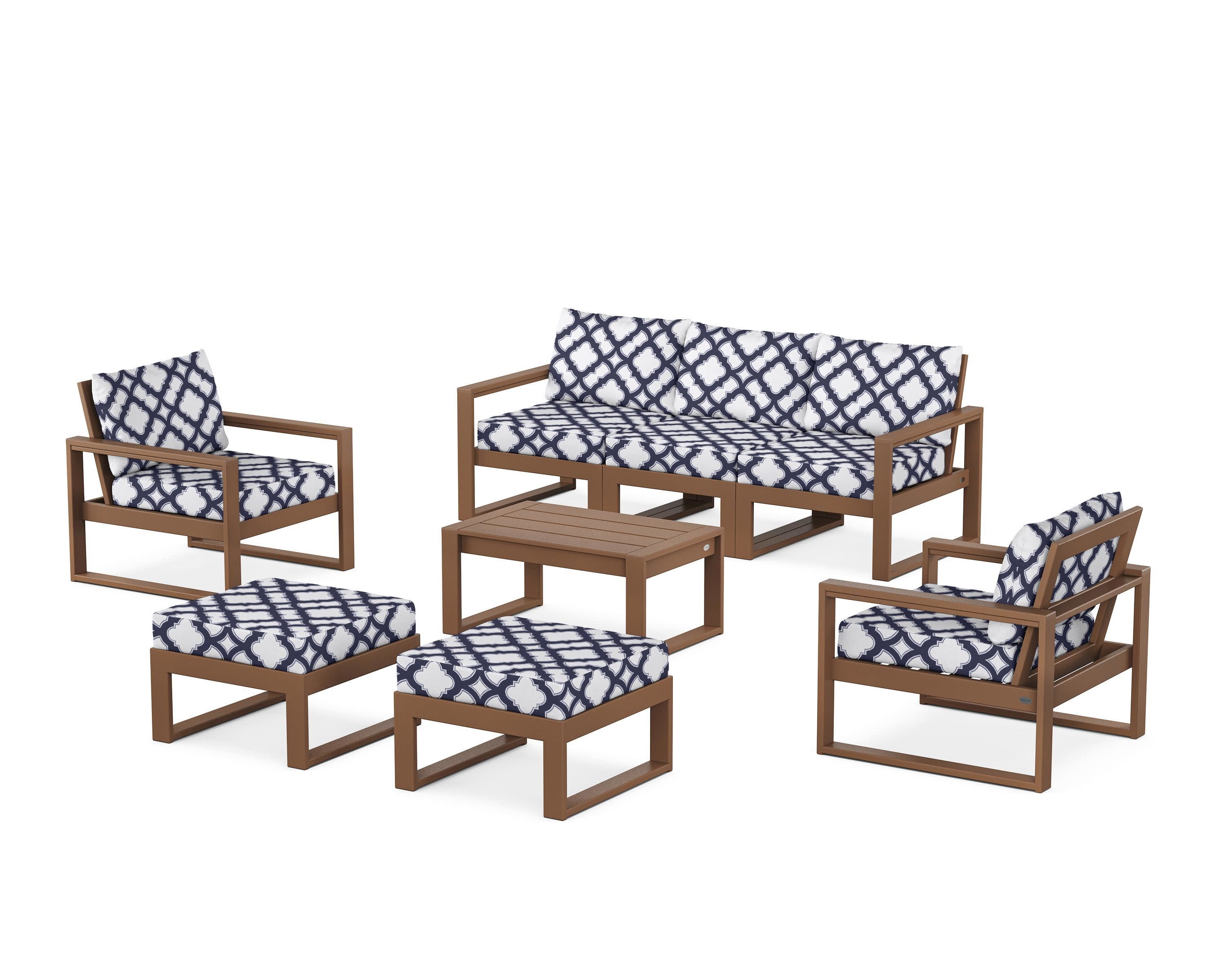 EDGE Sectional 8-Piece Lounge Sofa Set in Teak / Trellis Navy