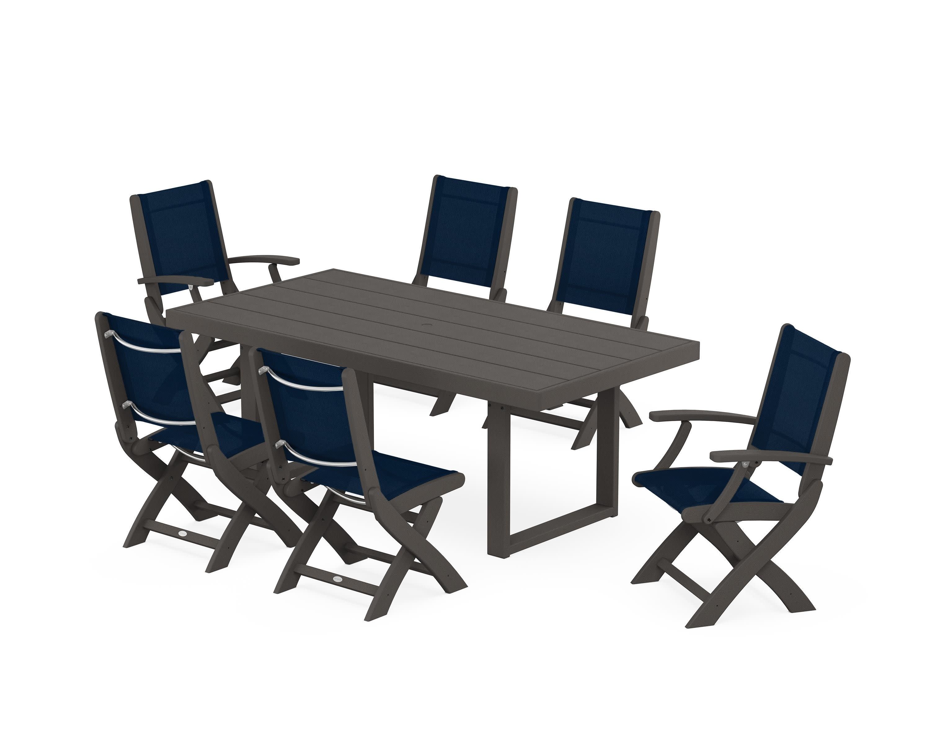 Coastal Folding Chair 7-Piece Dining Set with Trestle Legs in Vintage Coffee / Navy Blue Sling