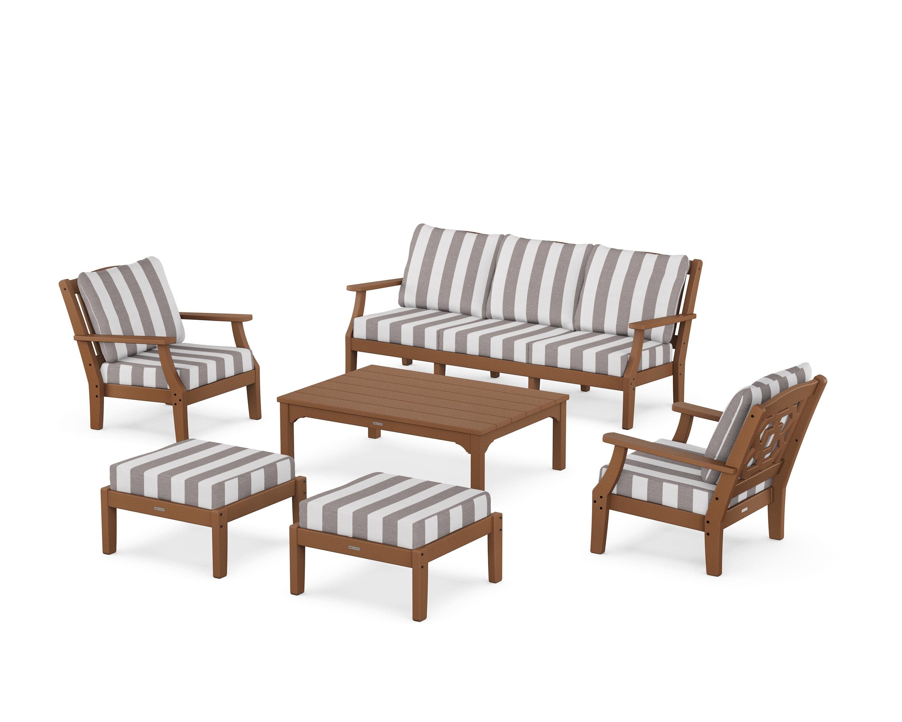Chinoiserie 6-Piece Lounge Sofa Set in Teak / Cabana Stripe Grey Mist