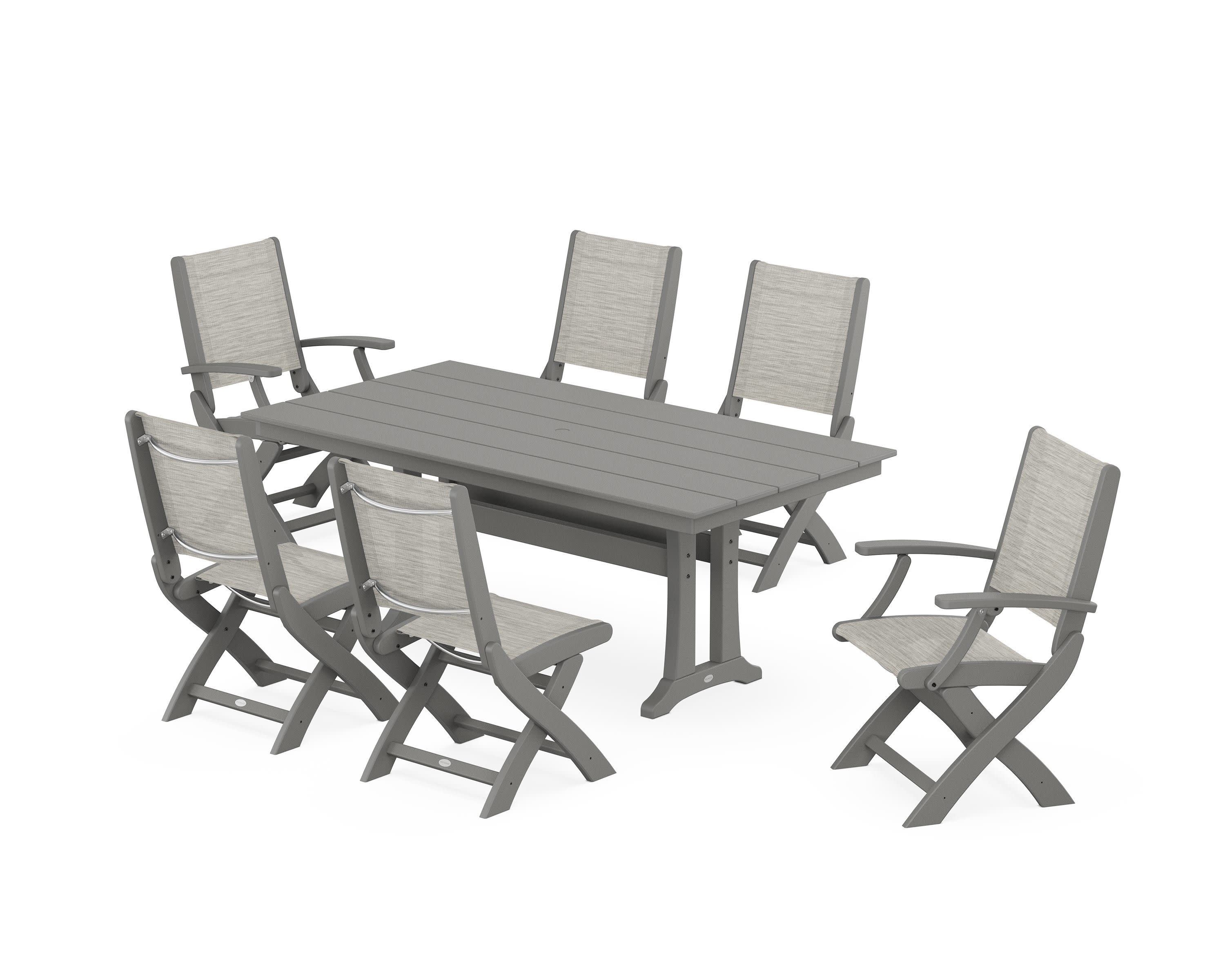 Coastal Folding Chair 7-Piece Farmhouse Dining Set with Trestle Legs in Slate Grey / Birch Sling