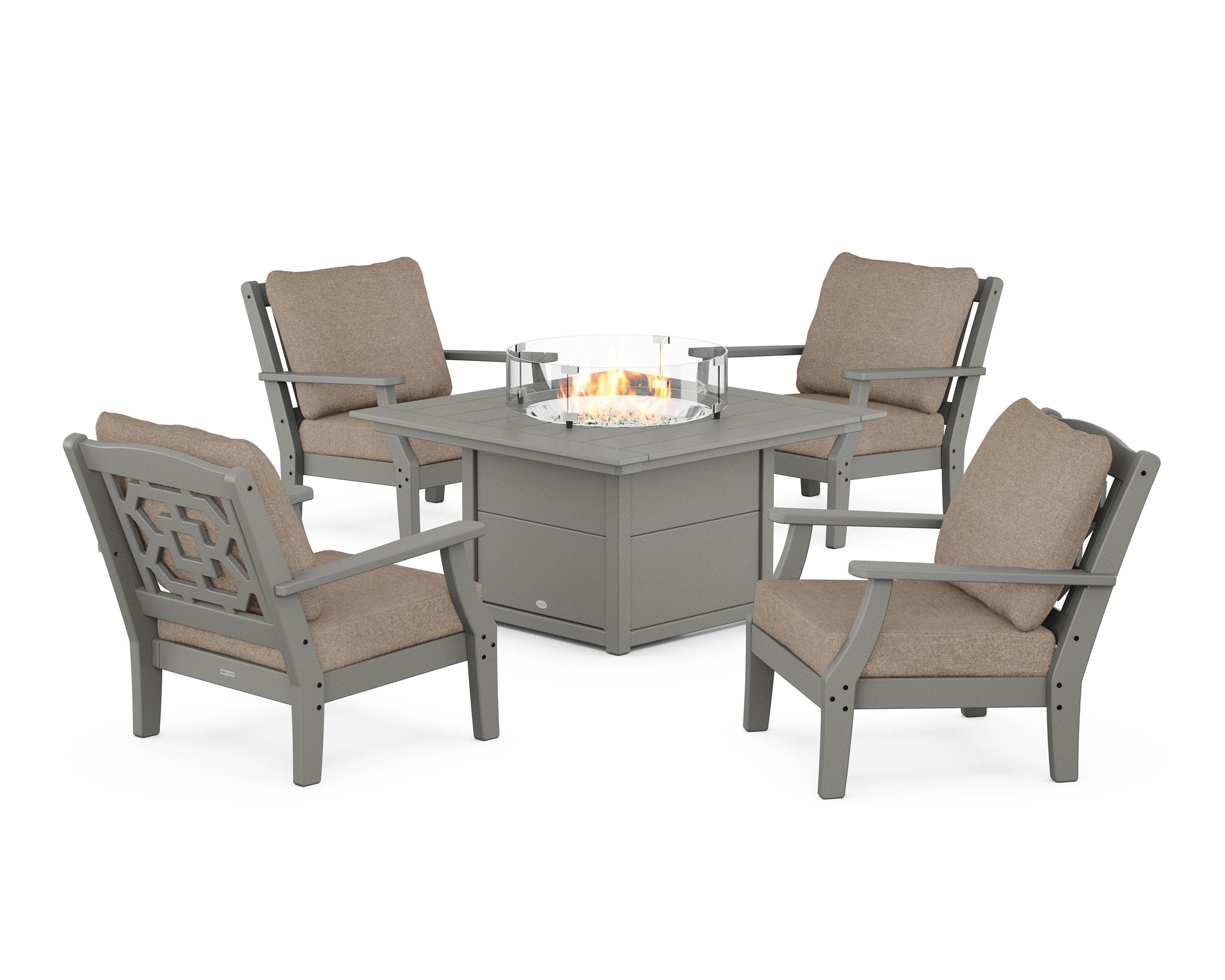 Chinoiserie 5-Piece Deep Seating Set with Fire Pit Table in Slate Grey / Spiced Burlap