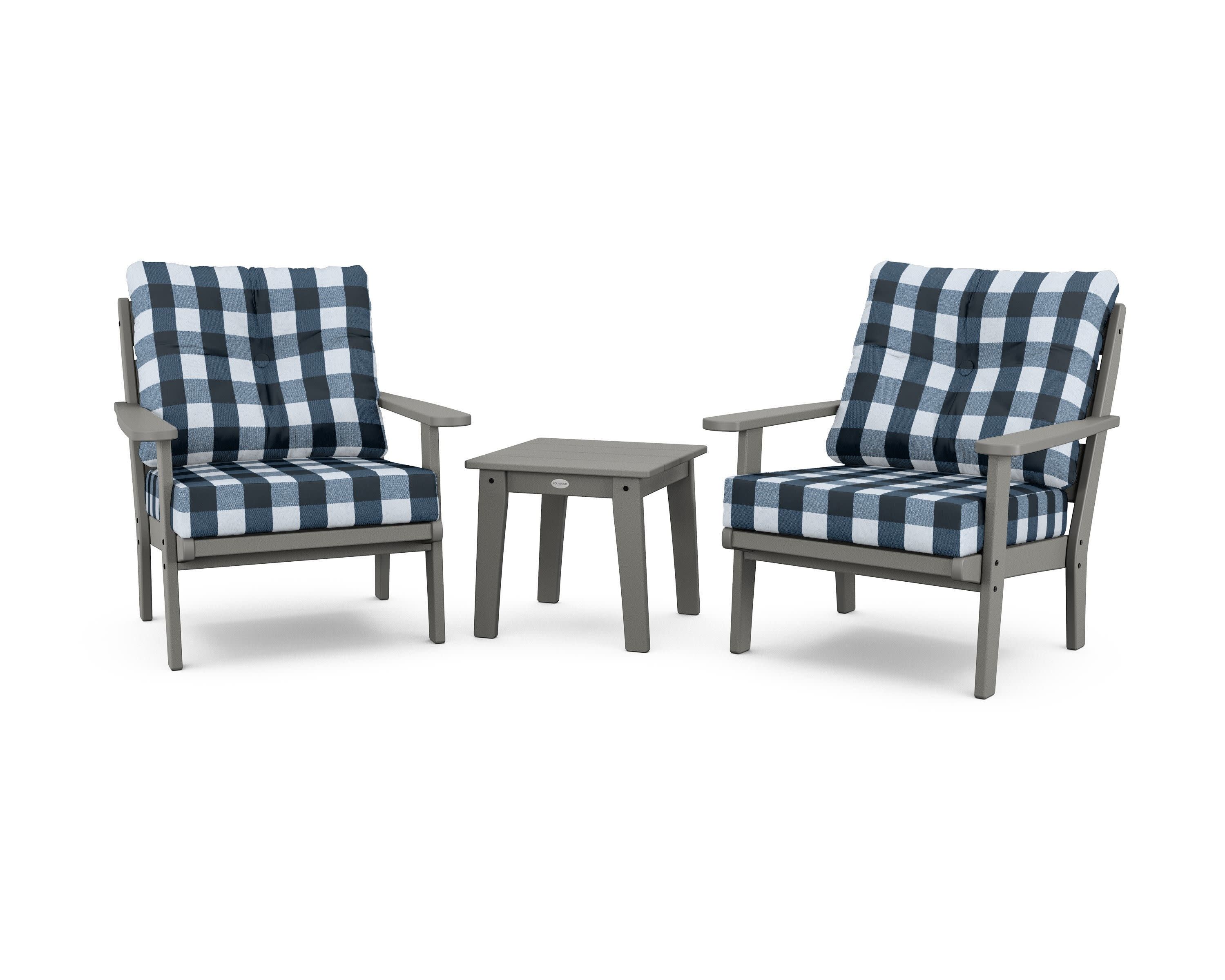Lakeside 3-Piece Deep Seating Chair Set in Slate Grey / Buffalo Plaid Marine Indigo