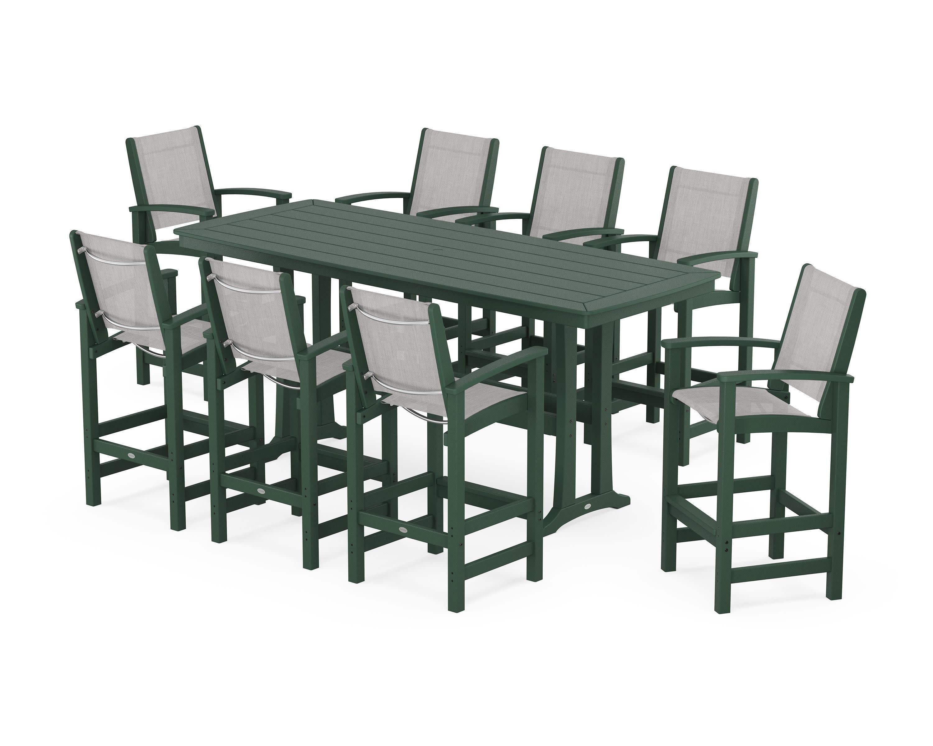 Coastal 9-Piece Bar Set with Trestle Legs in Green / Parchment Sling