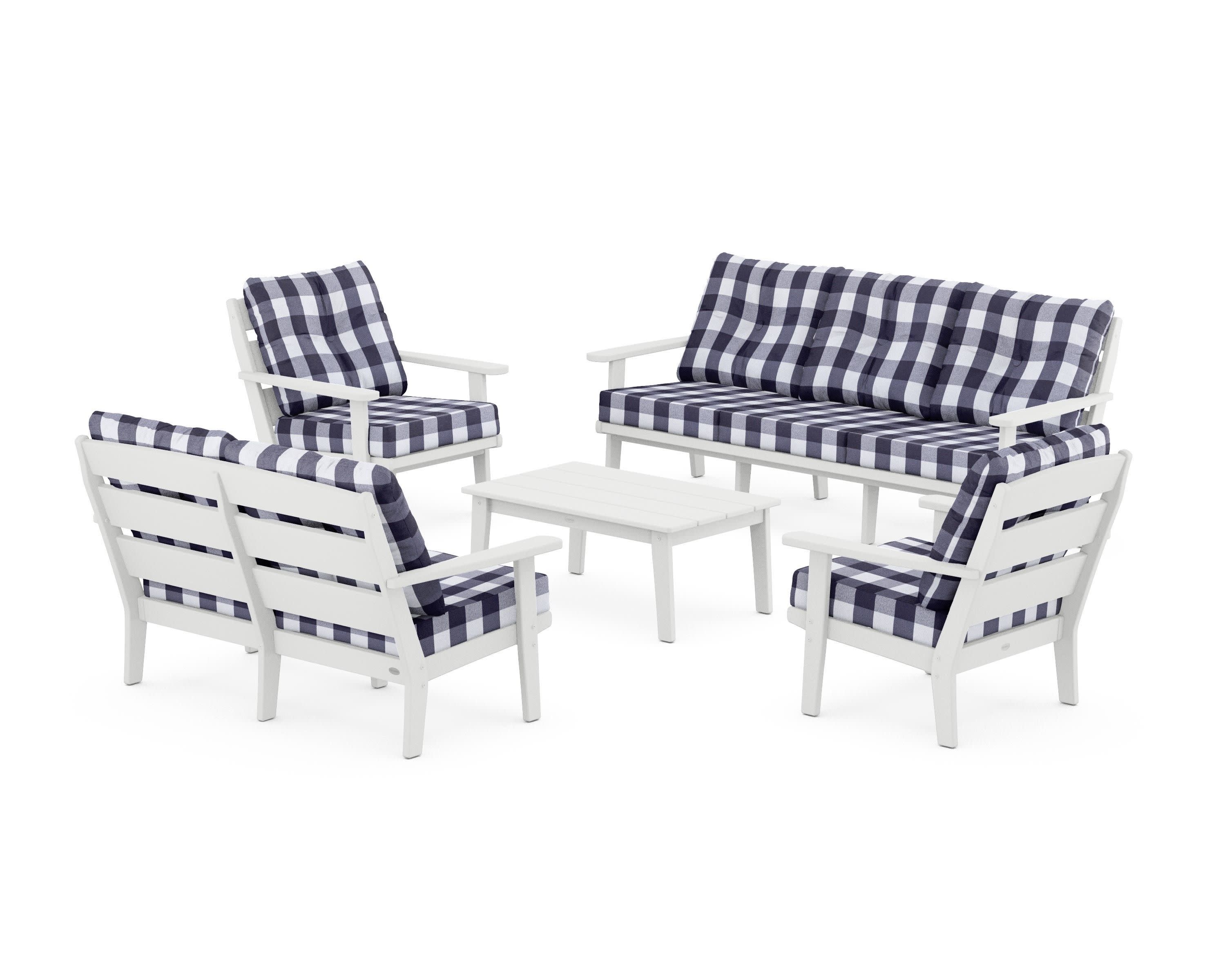 Lakeside 5-Piece Lounge Sofa Set in White / Buffalo Plaid Navy