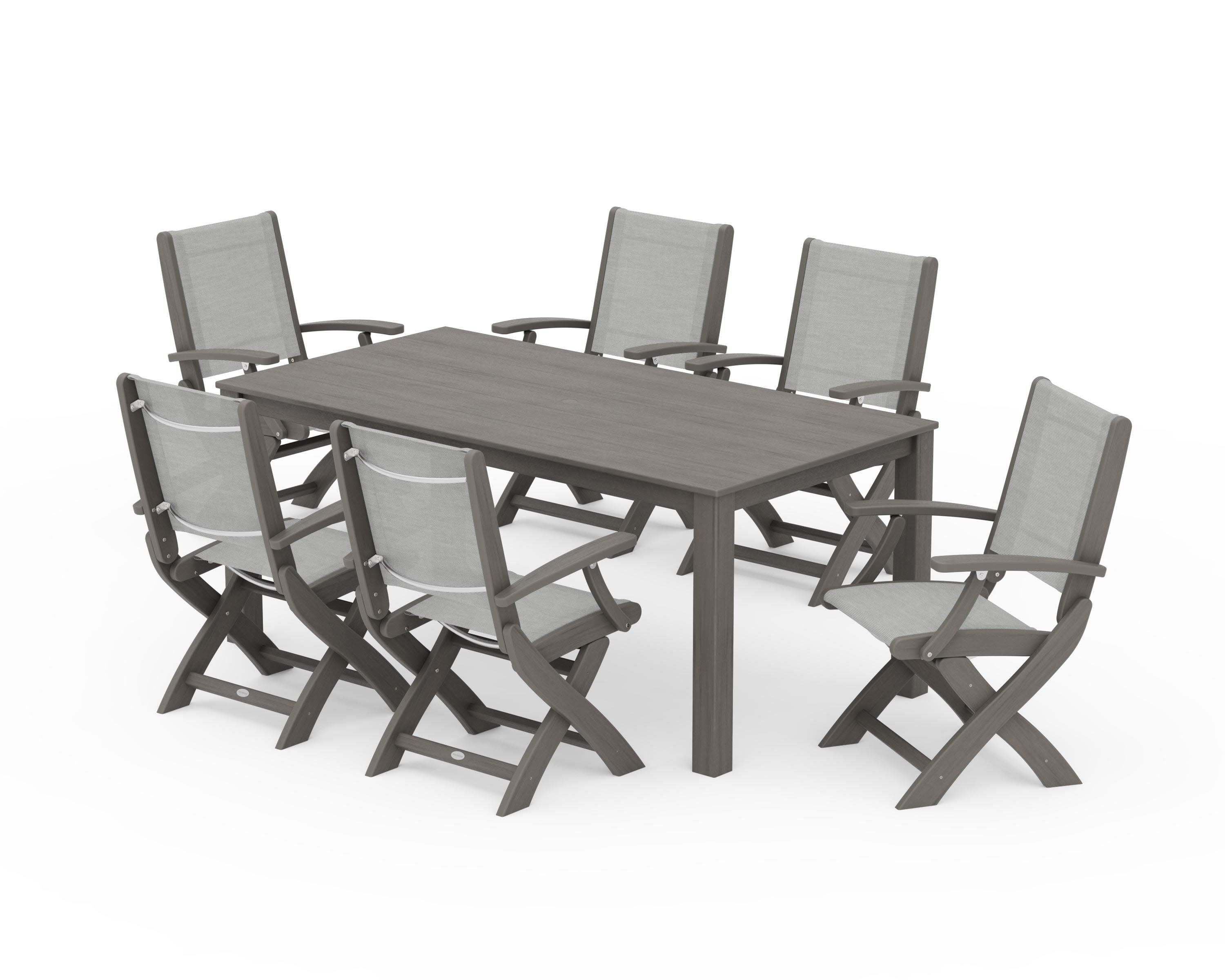 Coastal Folding Chair 7-Piece Parsons Dining Set in Driftwood / Metallic Sling