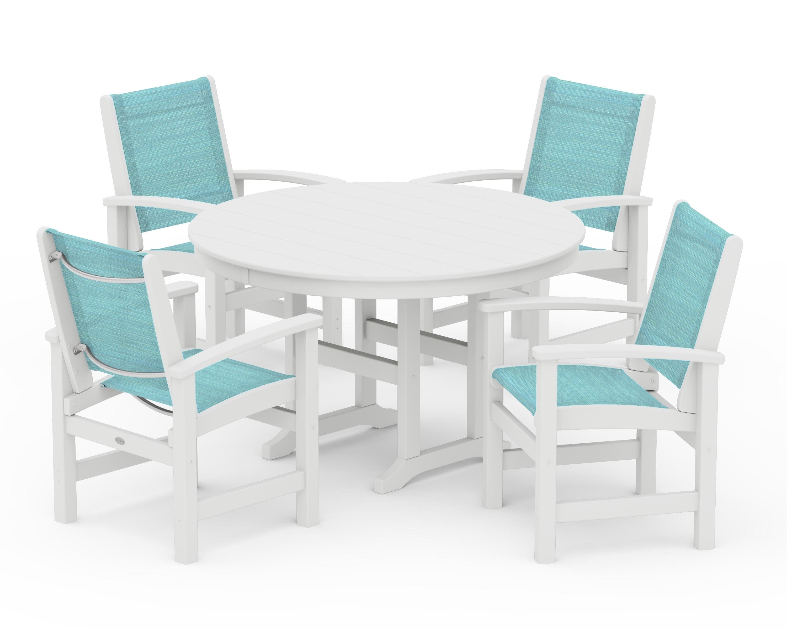 Coastal 5-Piece Round Farmhouse Dining Set in White / Dupioni Aquamarine Sling