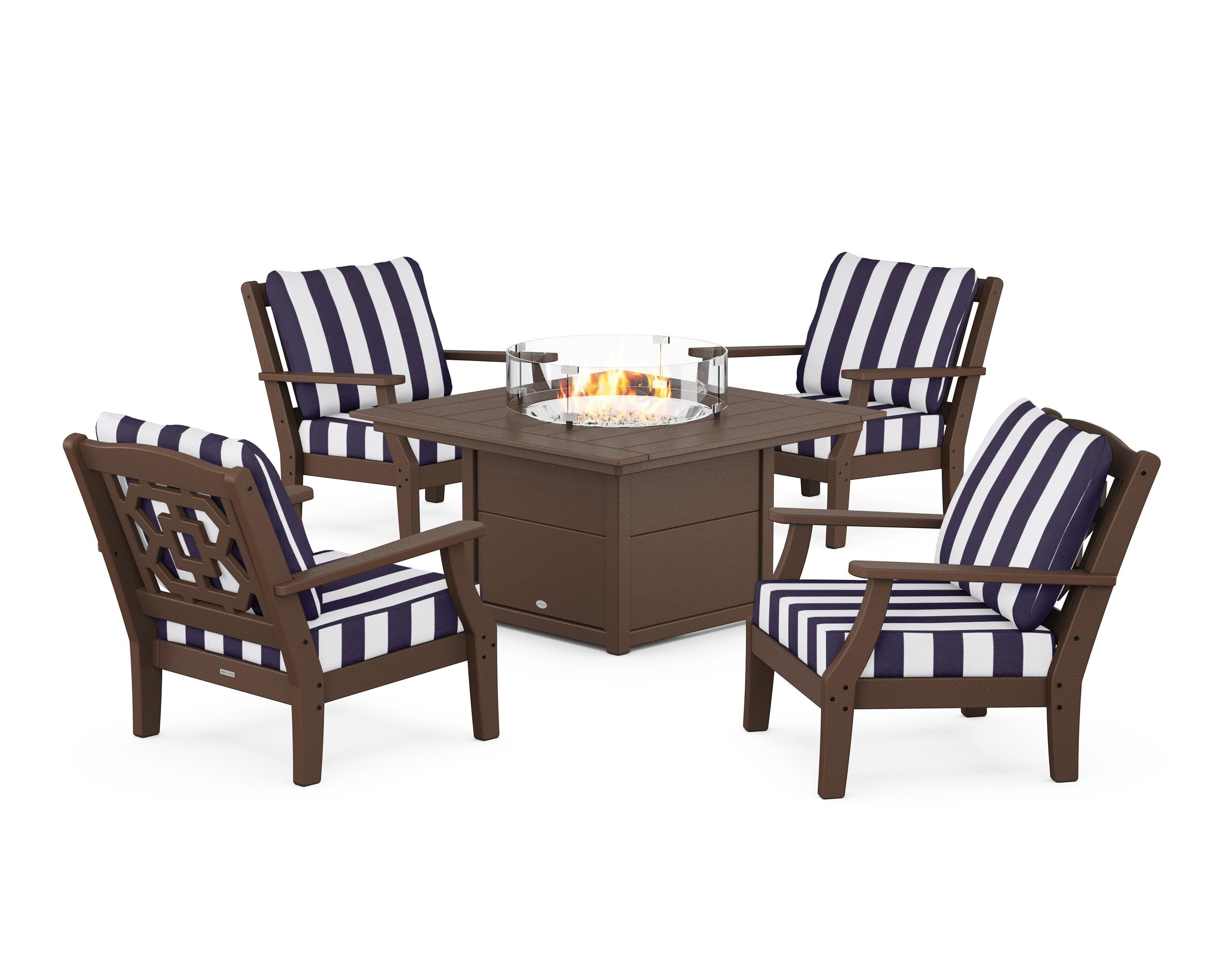 Chinoiserie 5-Piece Deep Seating Set with Fire Pit Table in Mahogany / Cabana Stripe Navy