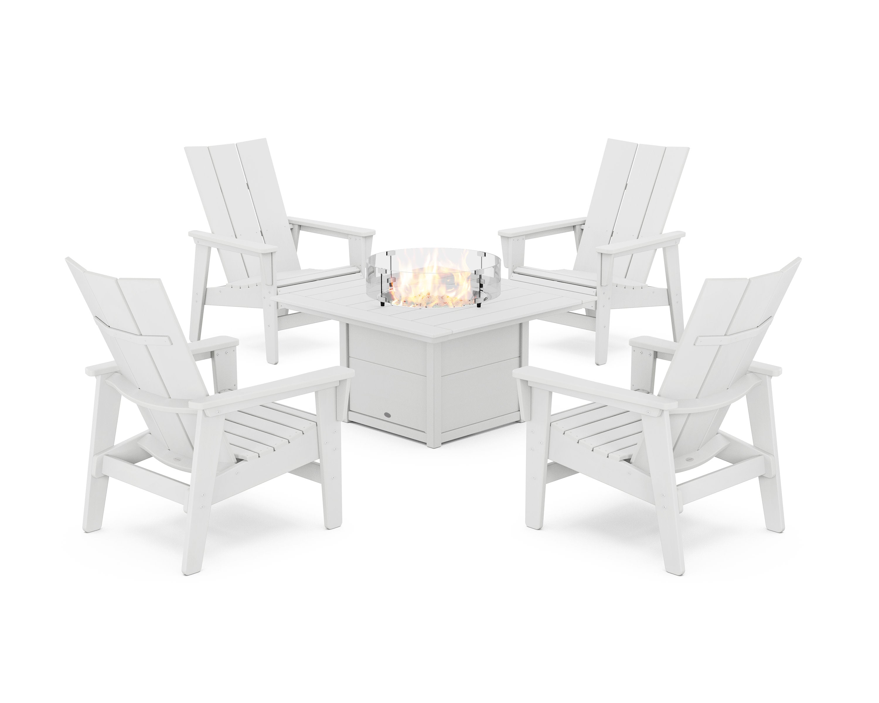 5-Piece Modern Grand Upright Adirondack Conversation Set with Fire Pit Table in White