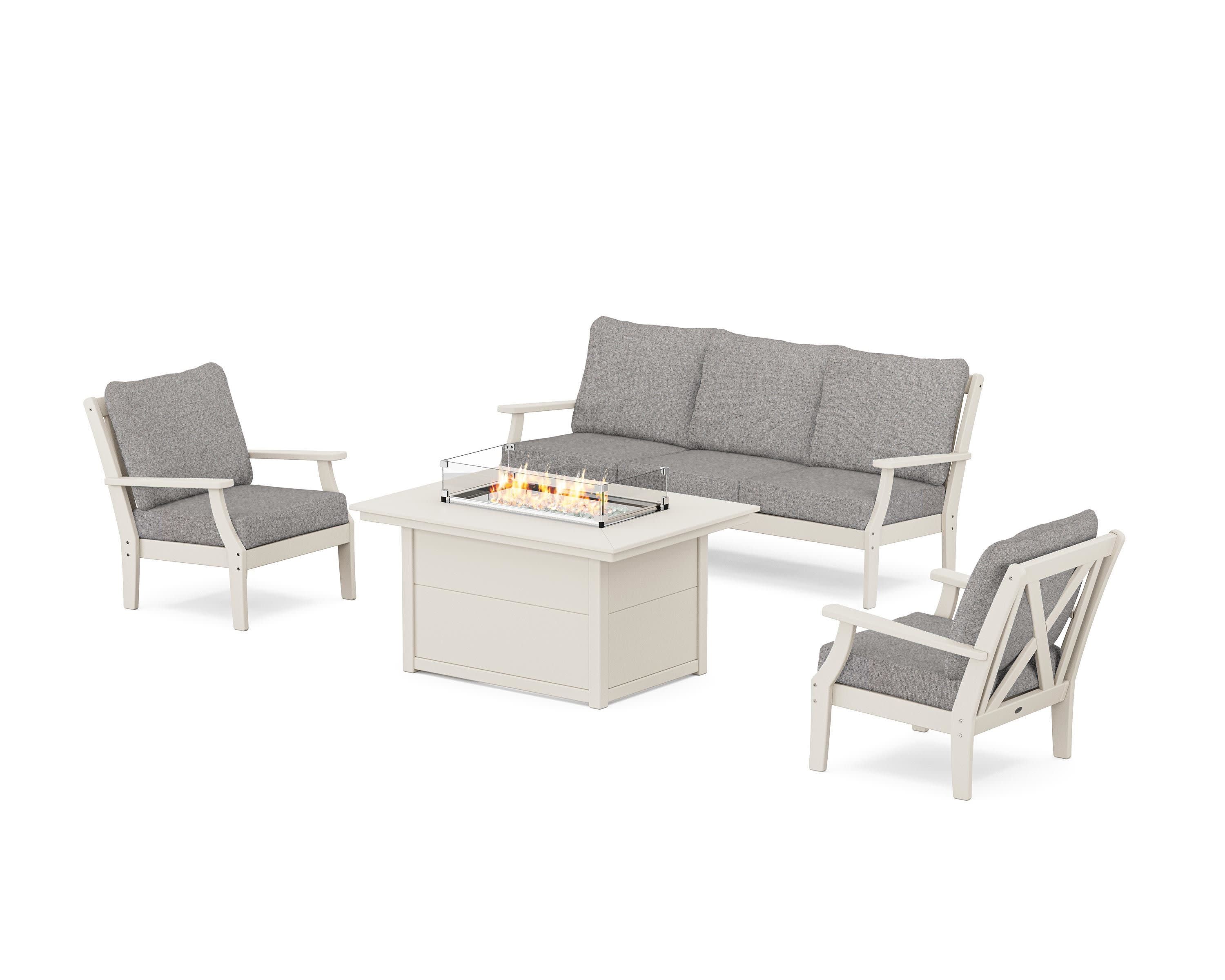 Braxton Deep Seating Fire Pit Table Set in Sand / Grey Mist