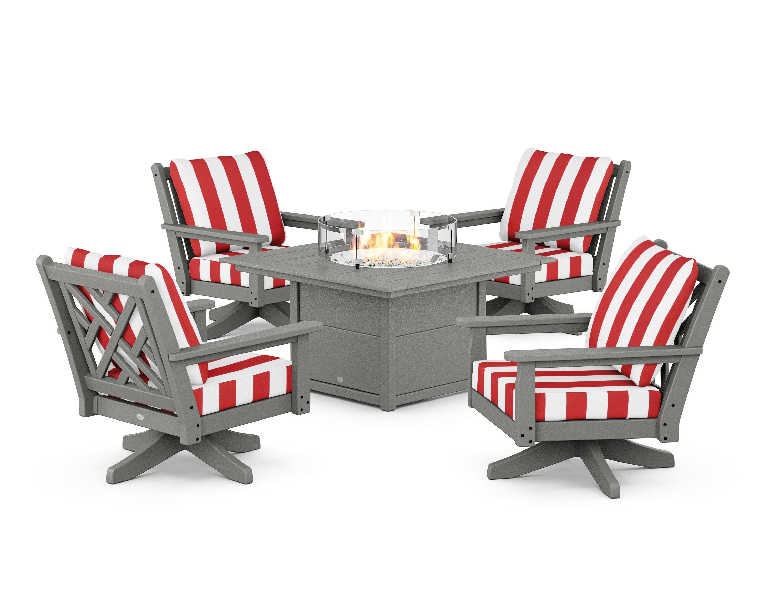 Chippendale 5-Piece Deep Seating Swivel Conversation Set with Fire Pit Table in Slate Grey / Cabana Stripe Crimson