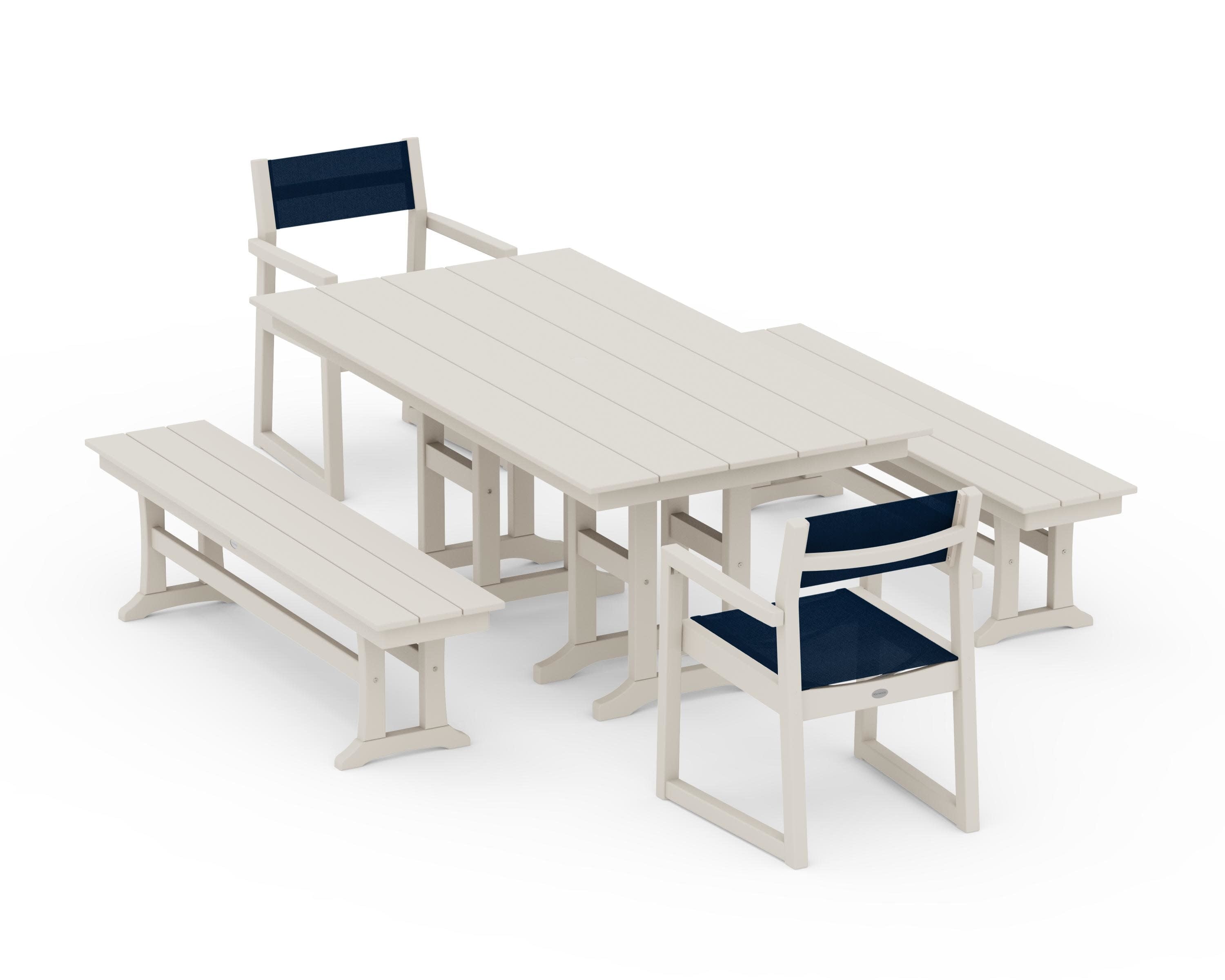 EDGE Sling Arm Chair 5-Piece Farmhouse Dining Set with Benches in Sand / Navy Blue Sling