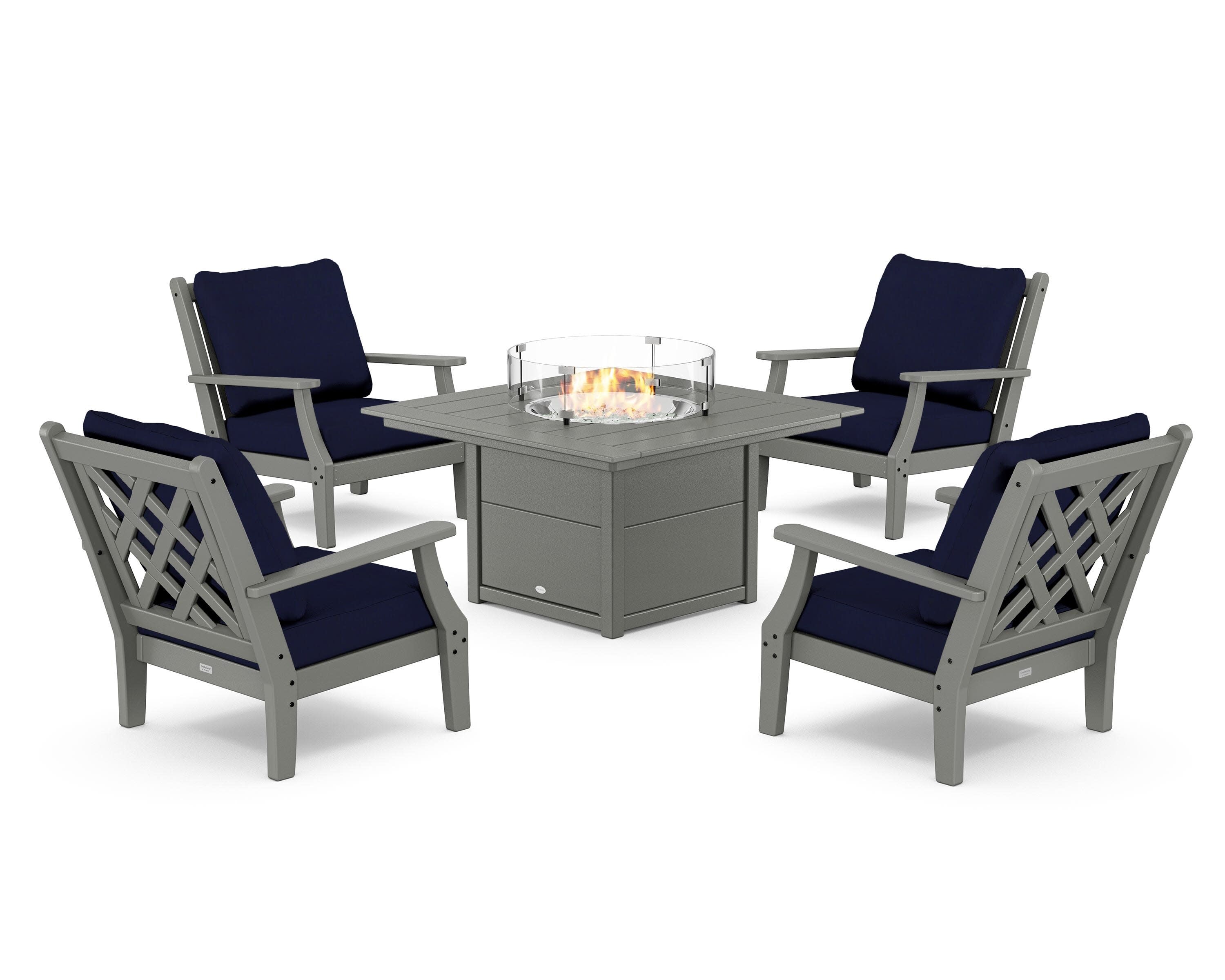 Wovendale 5-Piece Deep Seating Set with Fire Pit Table in Slate Grey / Navy