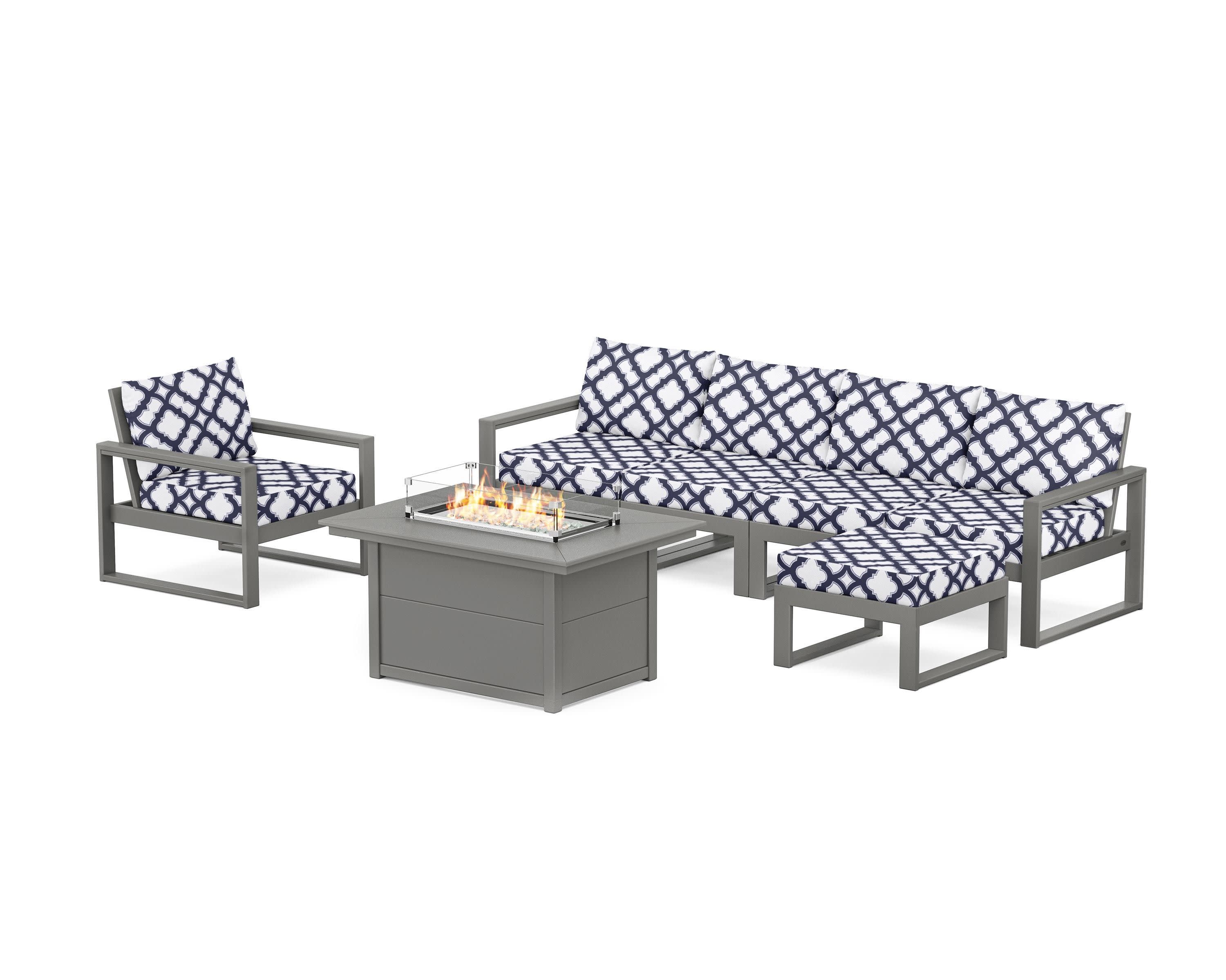 EDGE Sectional Lounge and Fire Pit Set in Slate Grey / Trellis Navy