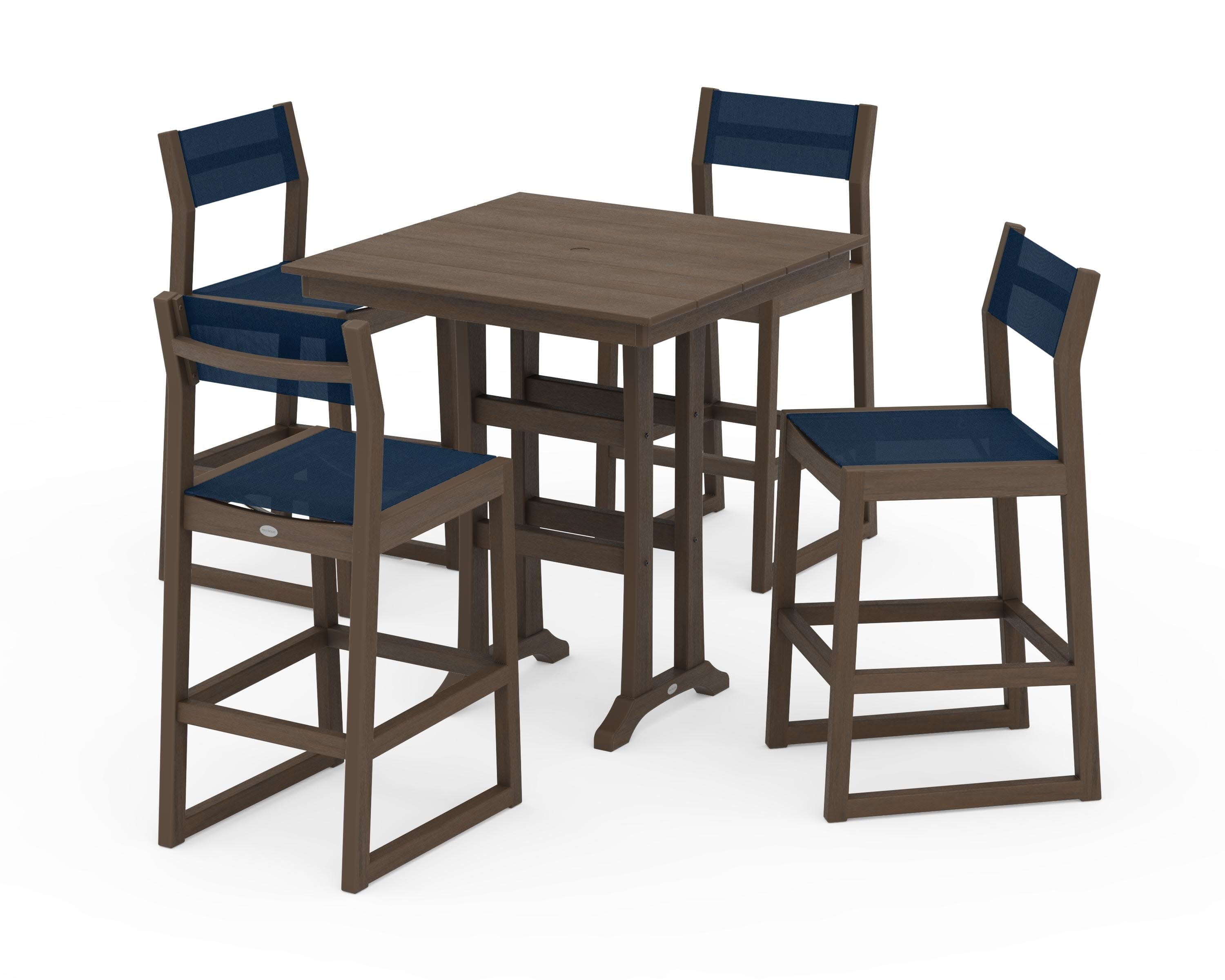 EDGE Sling Arm Chair 5-Piece Farmhouse Bar Set with Trestle Legs in Kona / Navy Blue Sling