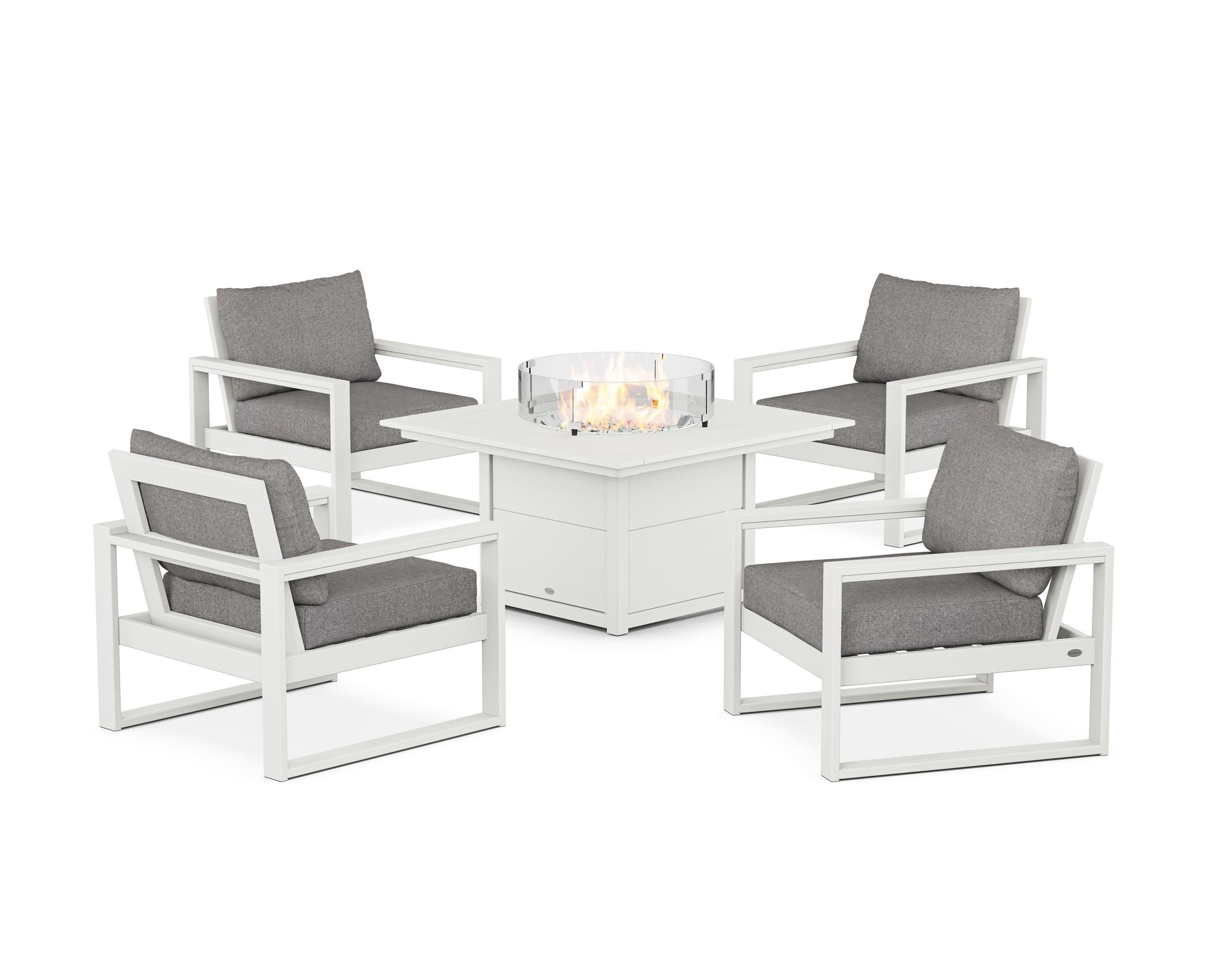EDGE Sectional 5-Piece Deep Seating Set with Fire Pit Table in Vintage White / Grey Mist