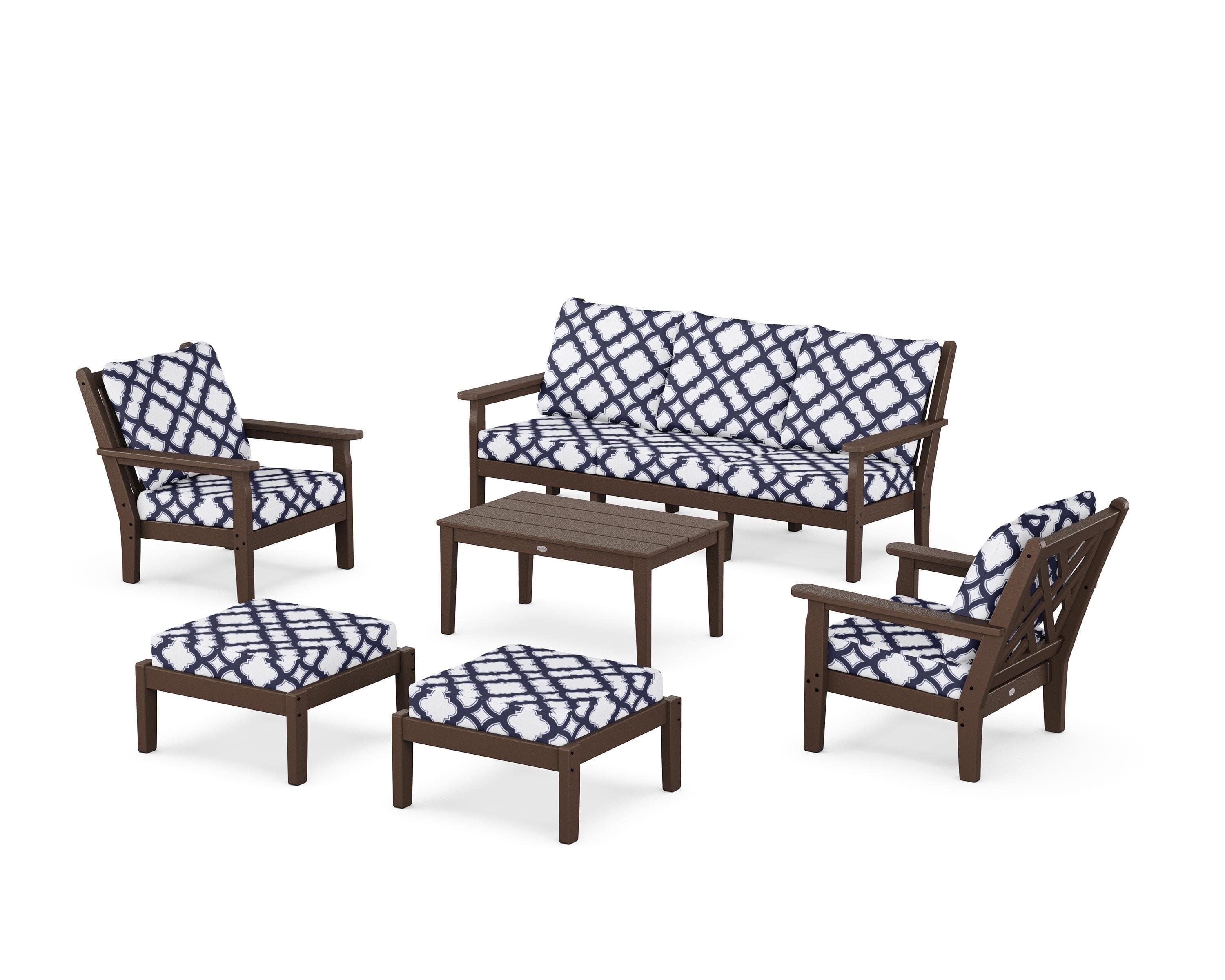 Chippendale 6-Piece Lounge Sofa Set in Mahogany / Trellis Navy