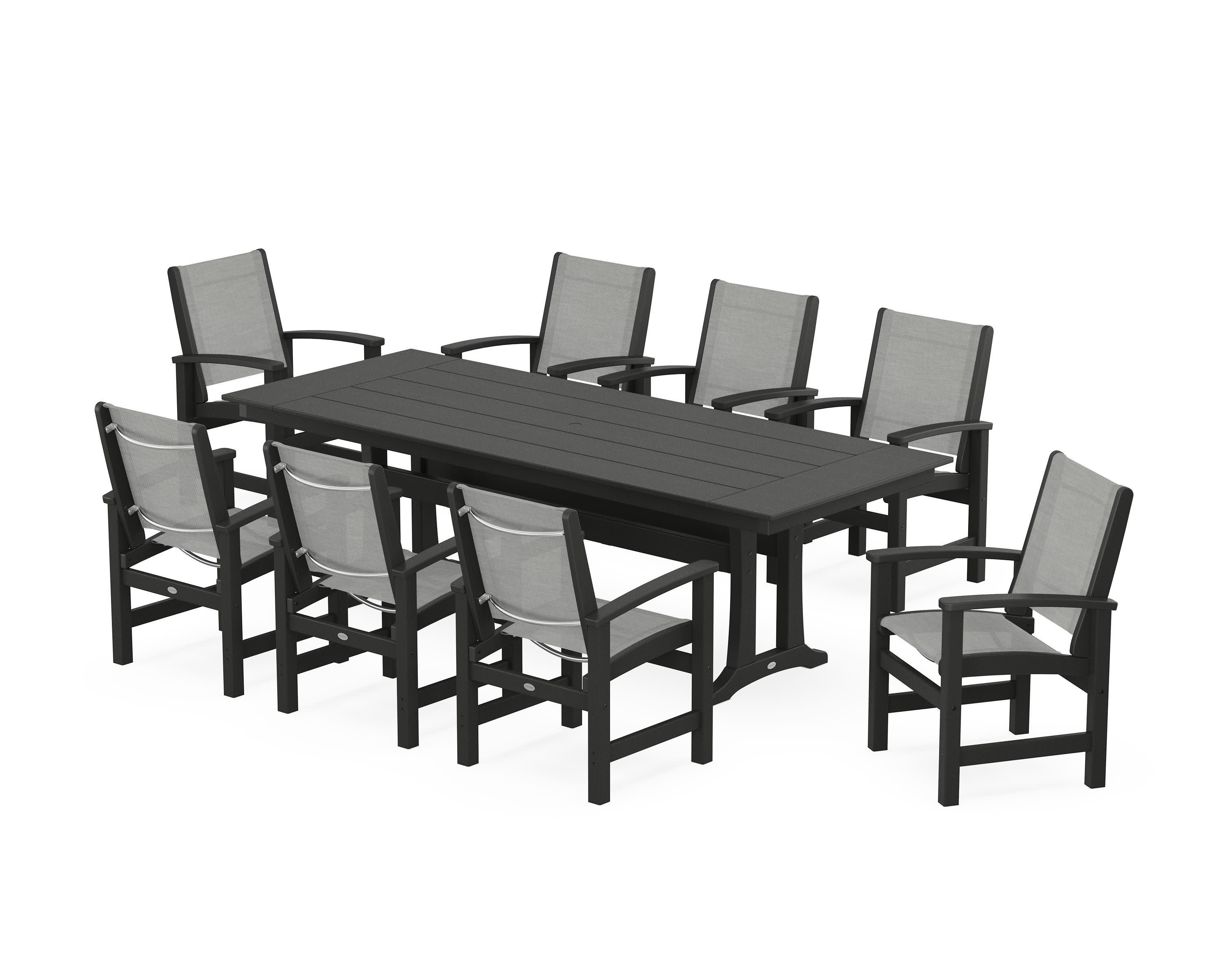 Coastal 9-Piece Farmhouse Dining Set with Trestle Legs in Black / Metallic Sling