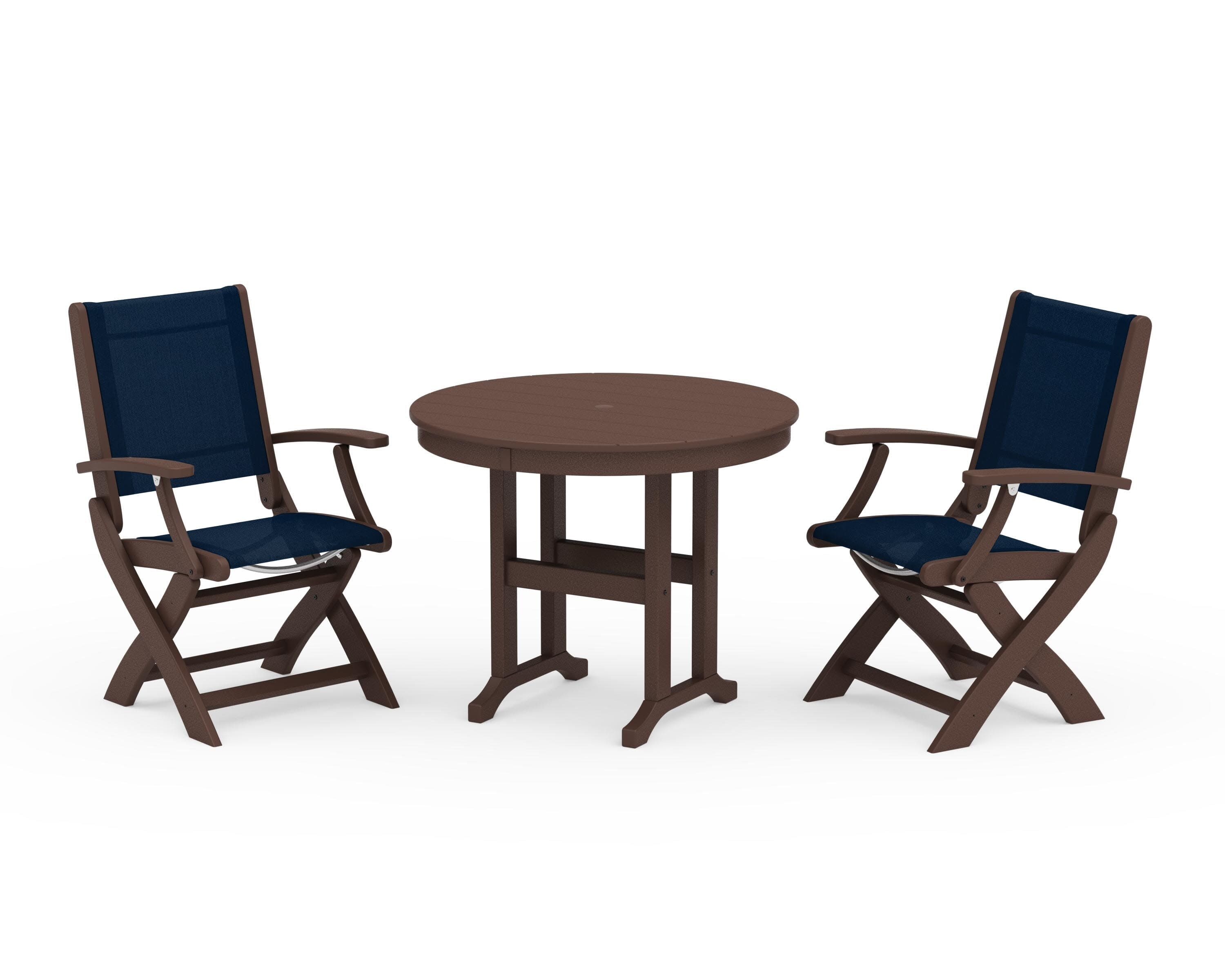 Coastal Folding Chair 3-Piece Round Dining Set in Mahogany / Navy Blue Sling