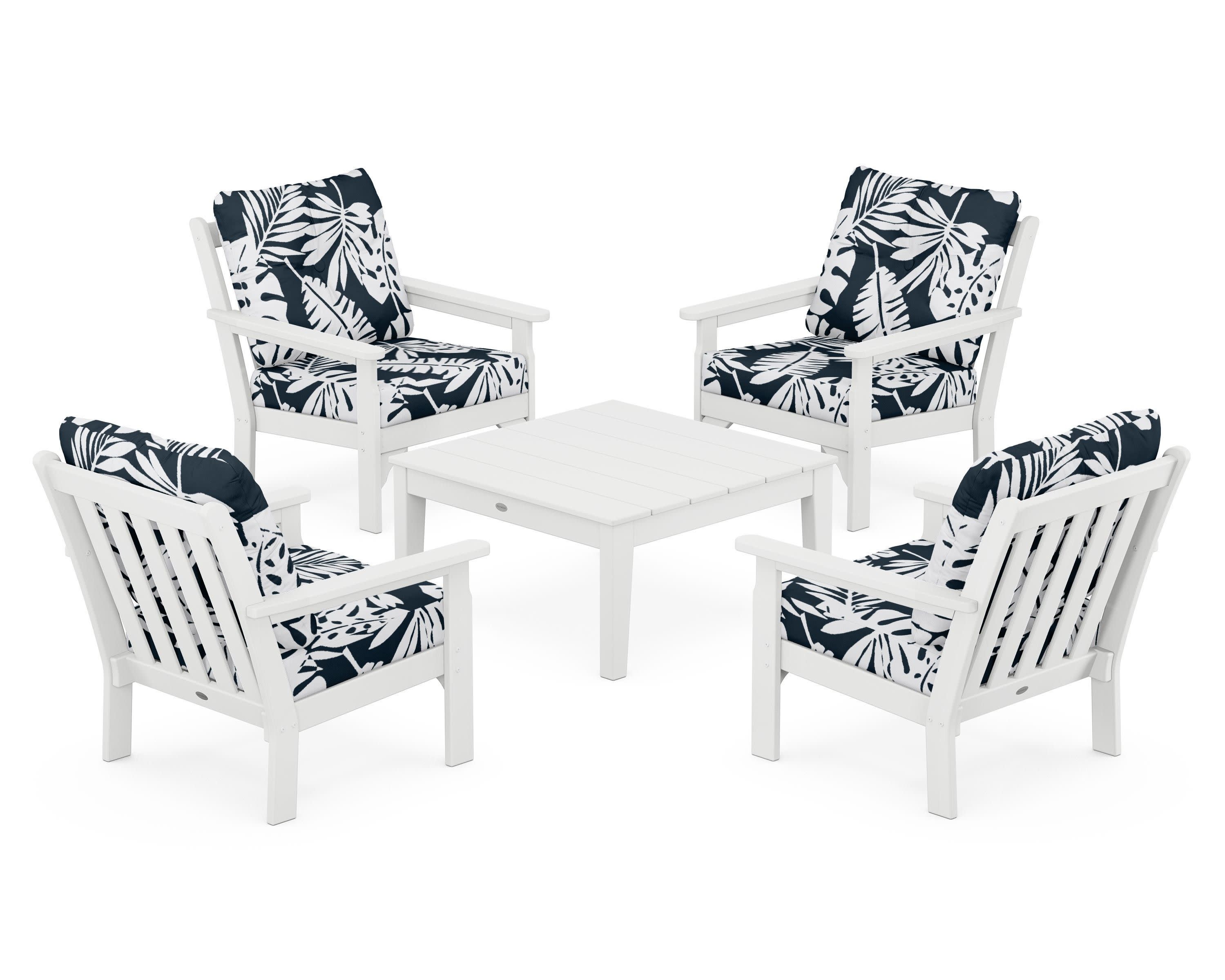 Vineyard 5-Piece Deep Seating Conversation Set in White / Leaf Marine Indigo