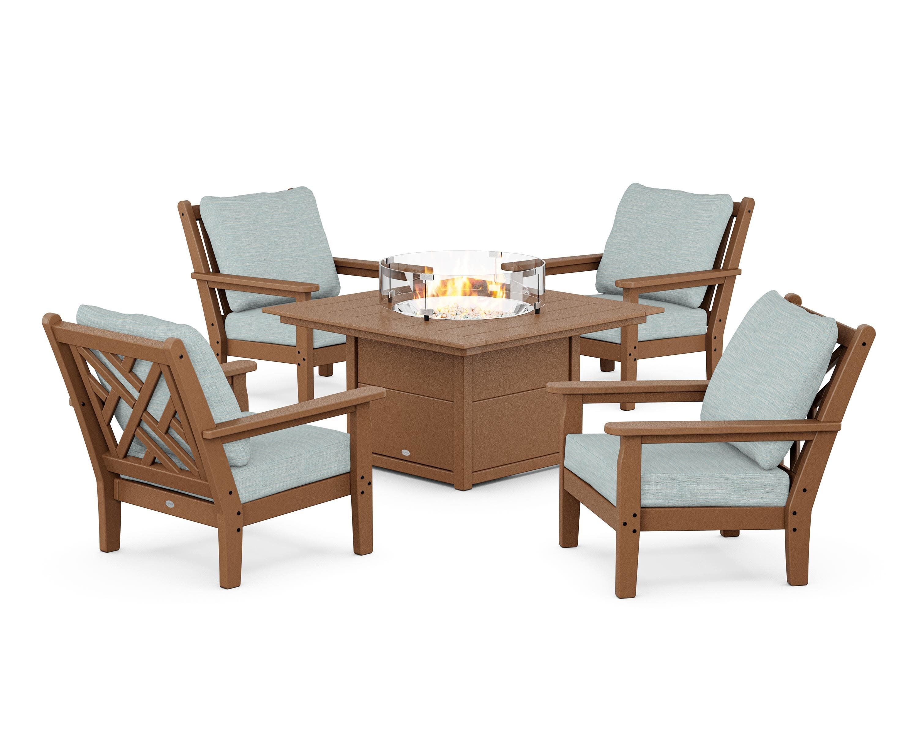Chippendale 5-Piece Deep Seating Set with Fire Pit Table in Teak / Soothe Mist