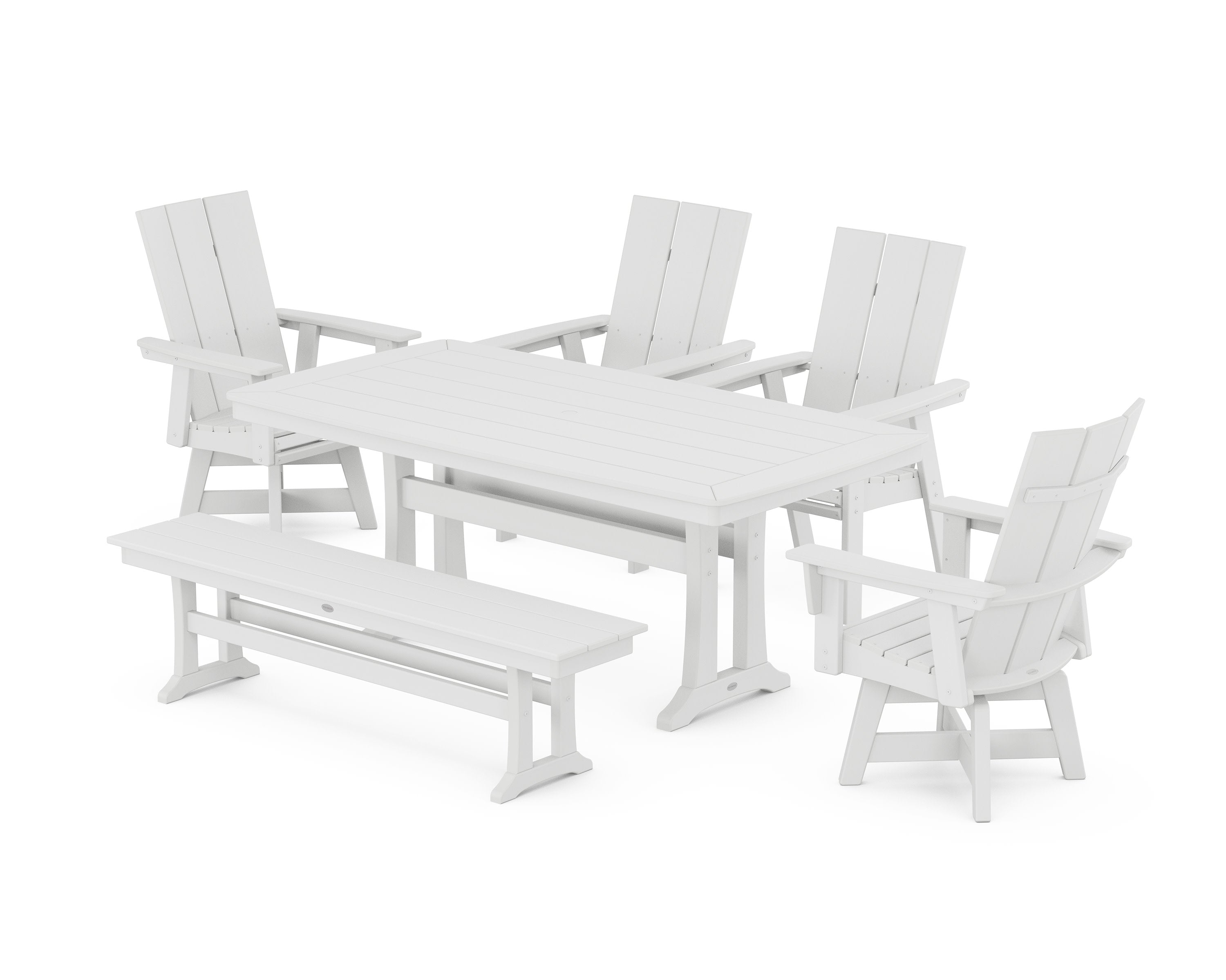Modern Curveback Adirondack Swivel Chair 6-Piece Dining Set with Trestle Legs and Bench in White