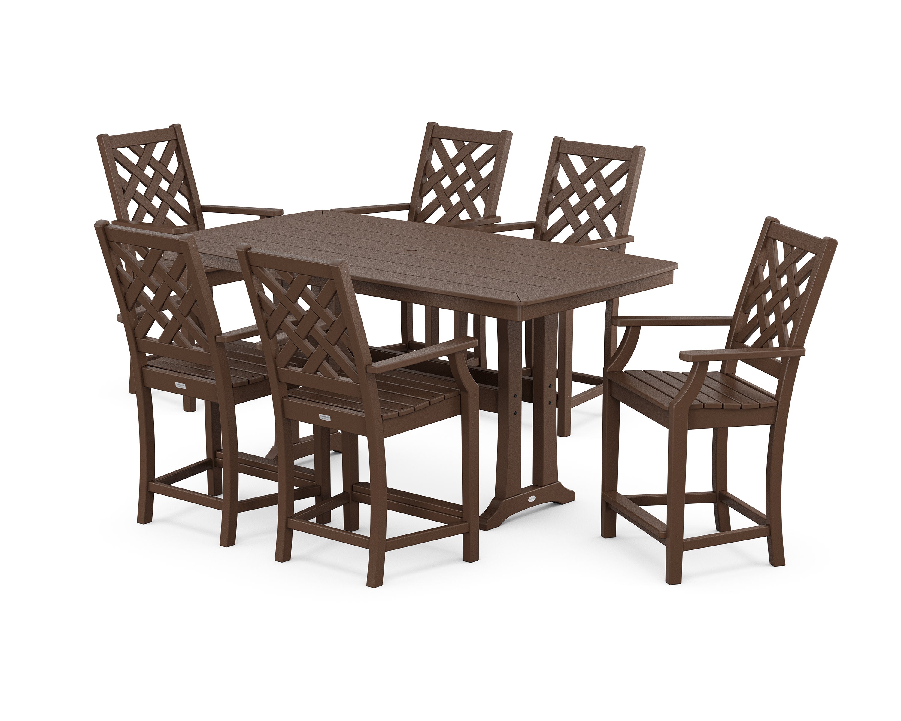 Wovendale Arm Chair 7-Piece Counter Set with Trestle Legs in Mahogany