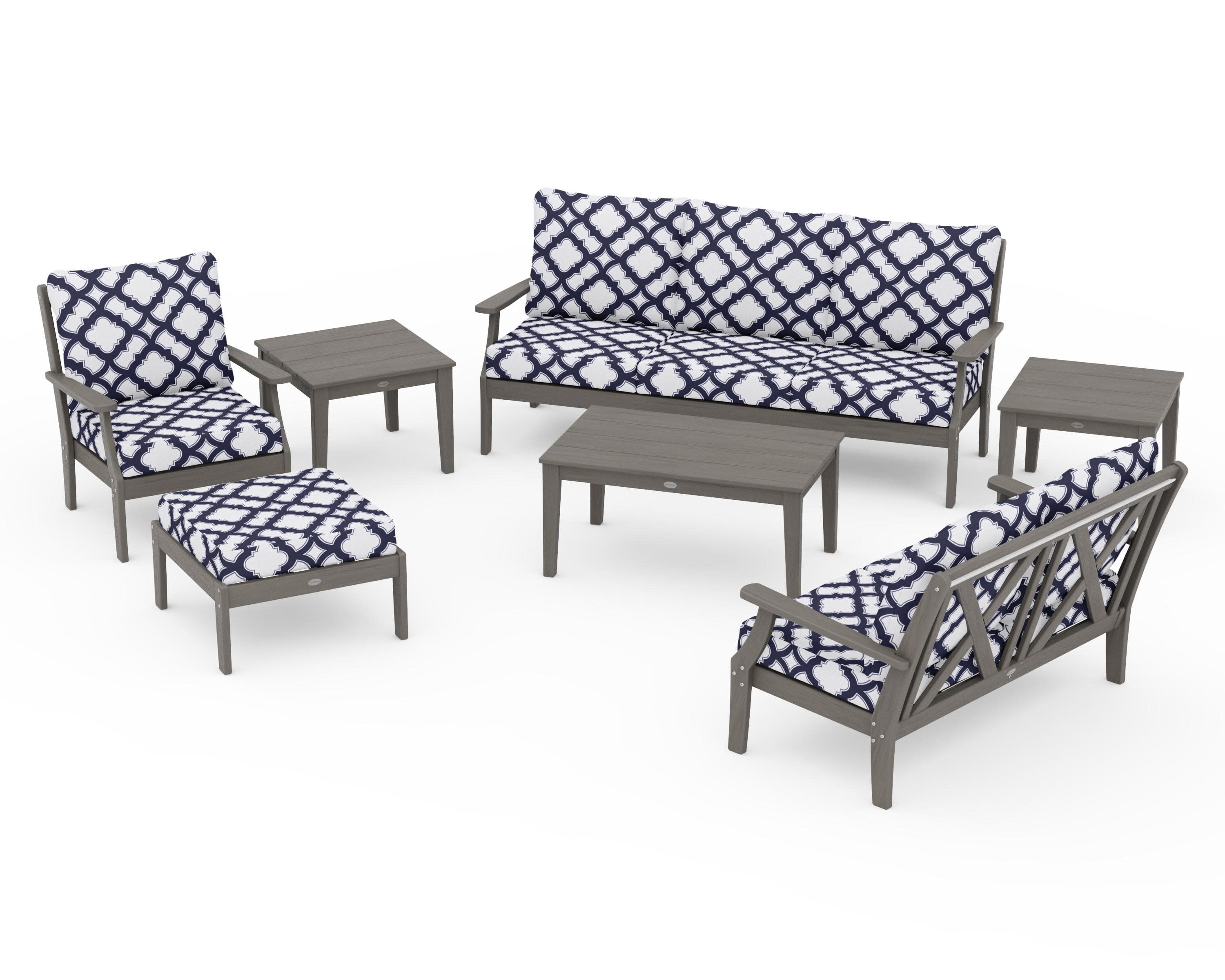 Braxton 7-Piece Deep Seating Set in Driftwood / Trellis Navy