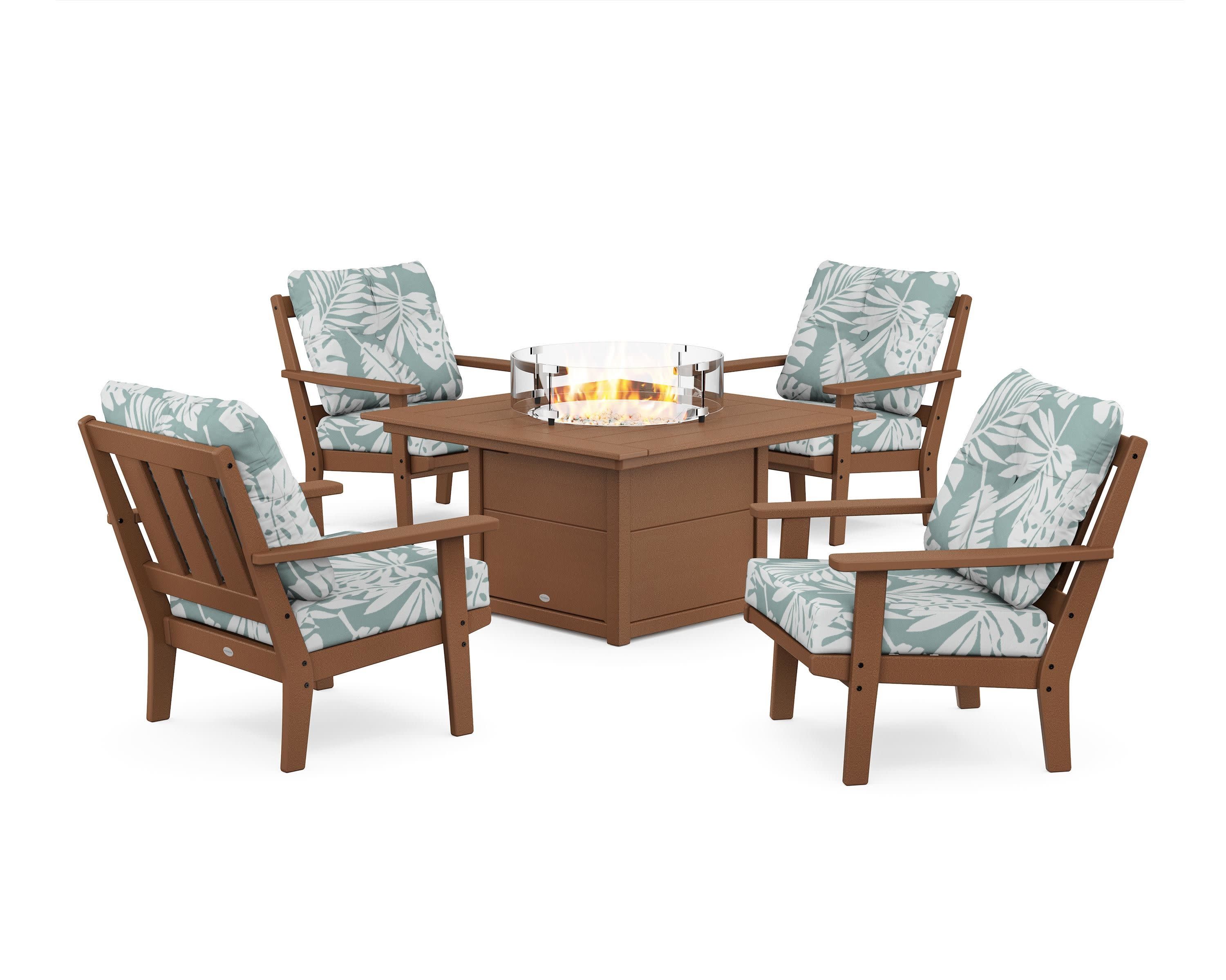 Oxford 5-Piece Deep Seating Set with Fire Pit Table in Teak / Leaf Glacier Spa