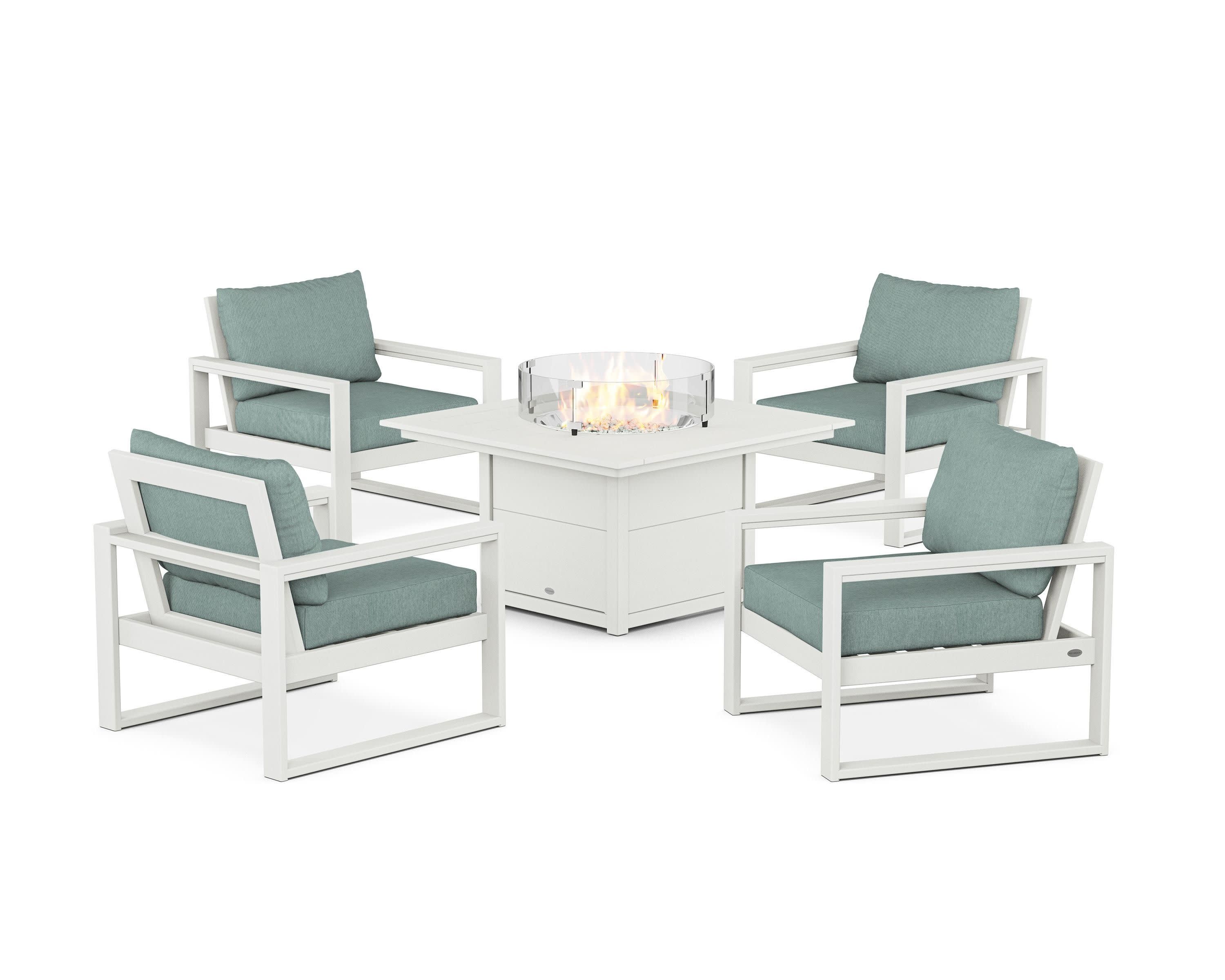 EDGE Sectional 5-Piece Deep Seating Set with Fire Pit Table in Vintage White / Glacier Spa