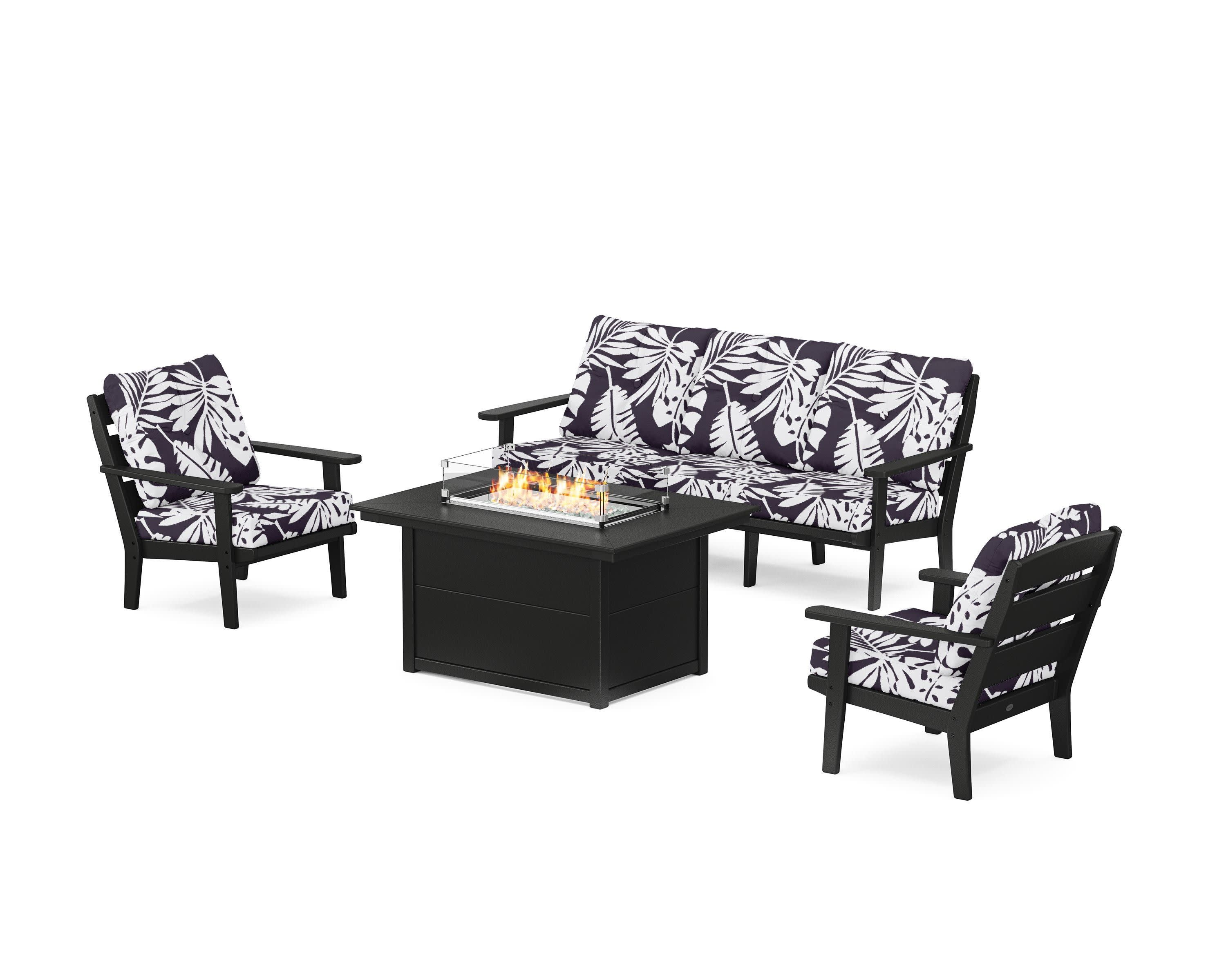 Lakeside Deep Seating Fire Pit Table Set in Black / Leaf Navy